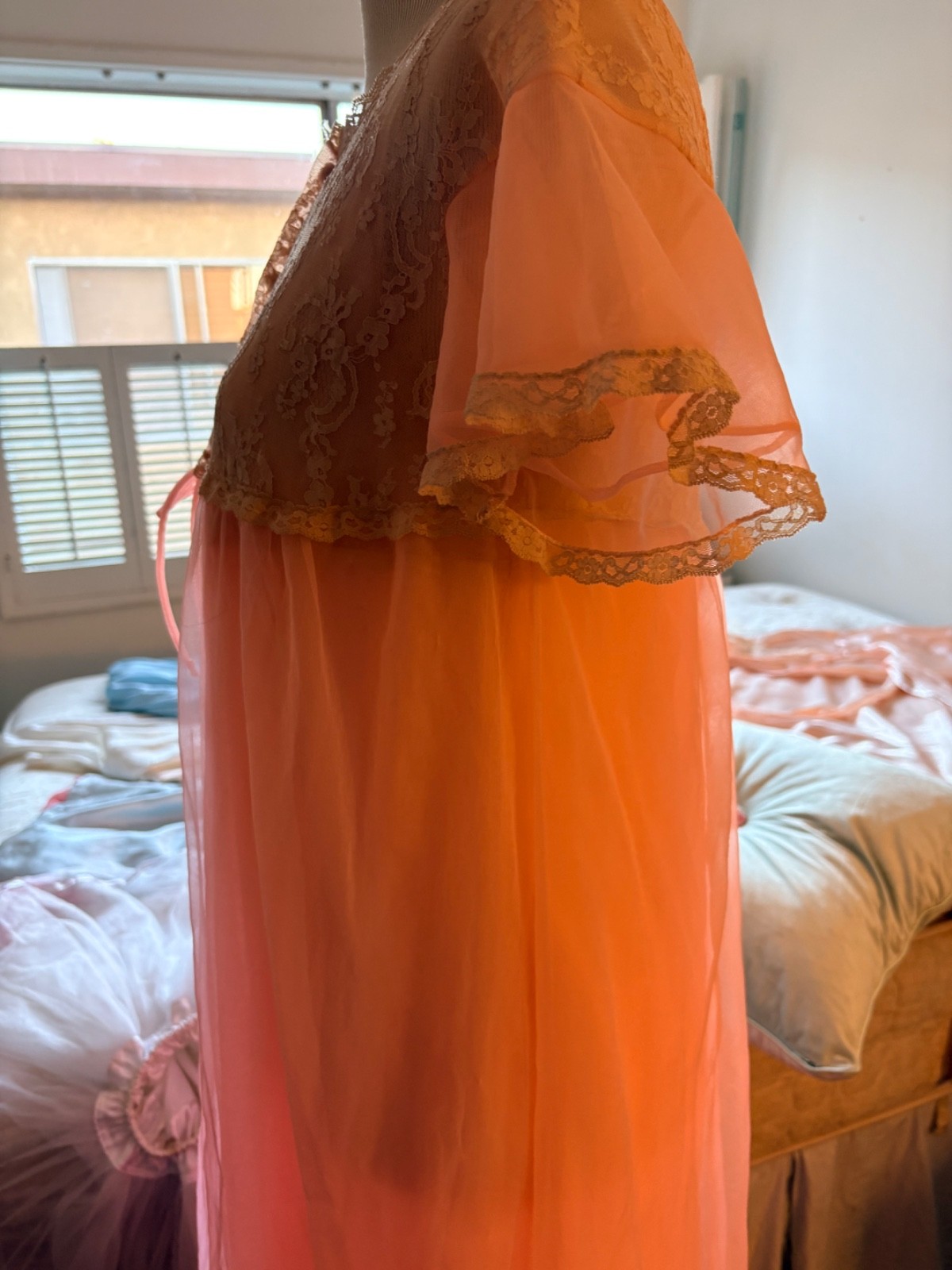 VTG 60s Aristocraft Pink Peignoir Set Sheer Chiffon Lace Nightgown Robe Small