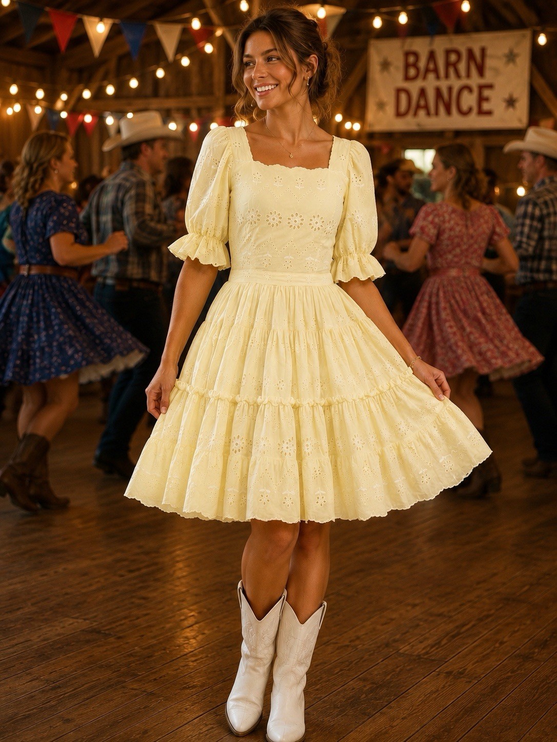 Vtg. Prairie Square Dance Dress Yellow Eyelet Lace Ruffle Handmade Small Bo Peep