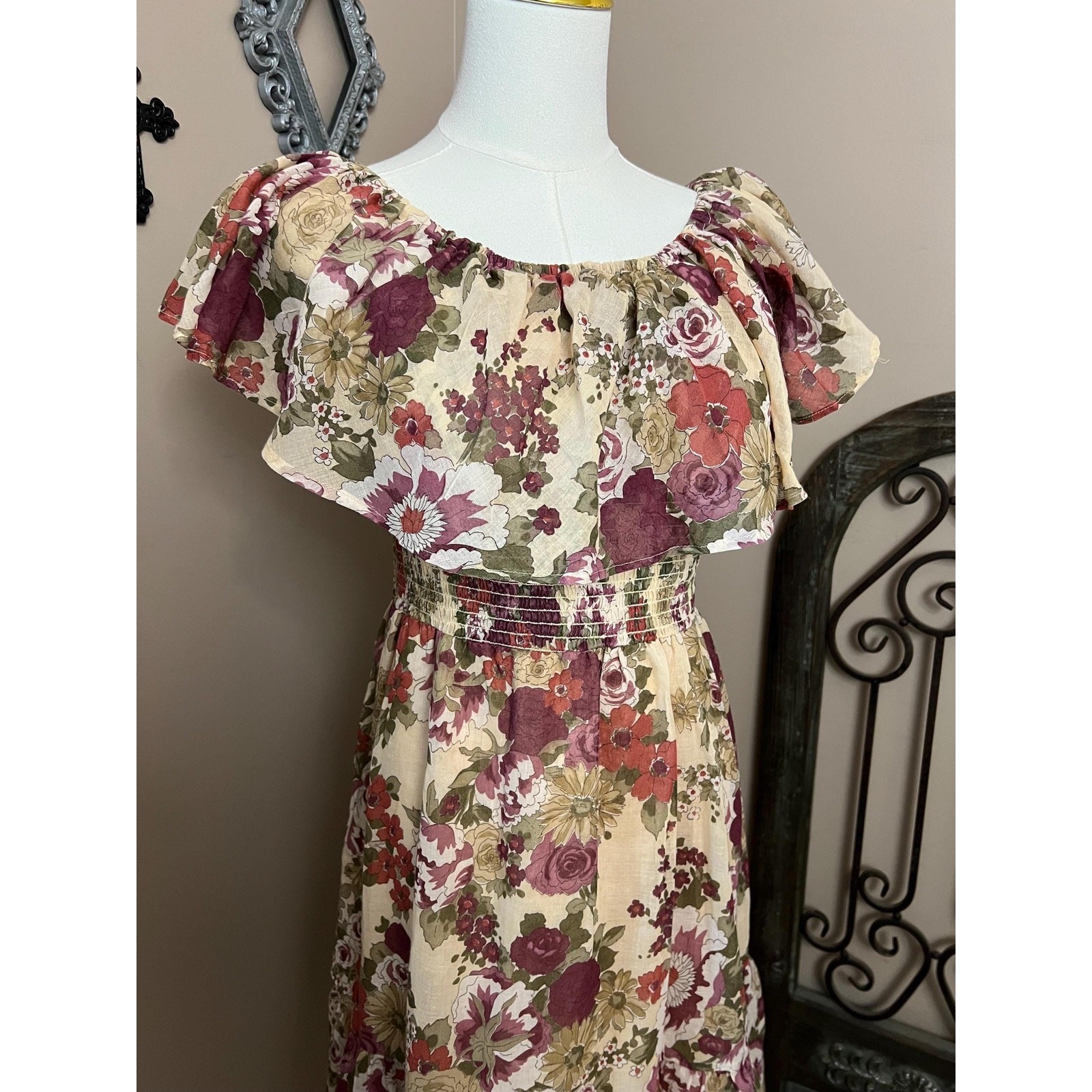 Vintage 70s Earthy Floral Off Shoulder Dress Retro Boho Cottagecore Size Medium