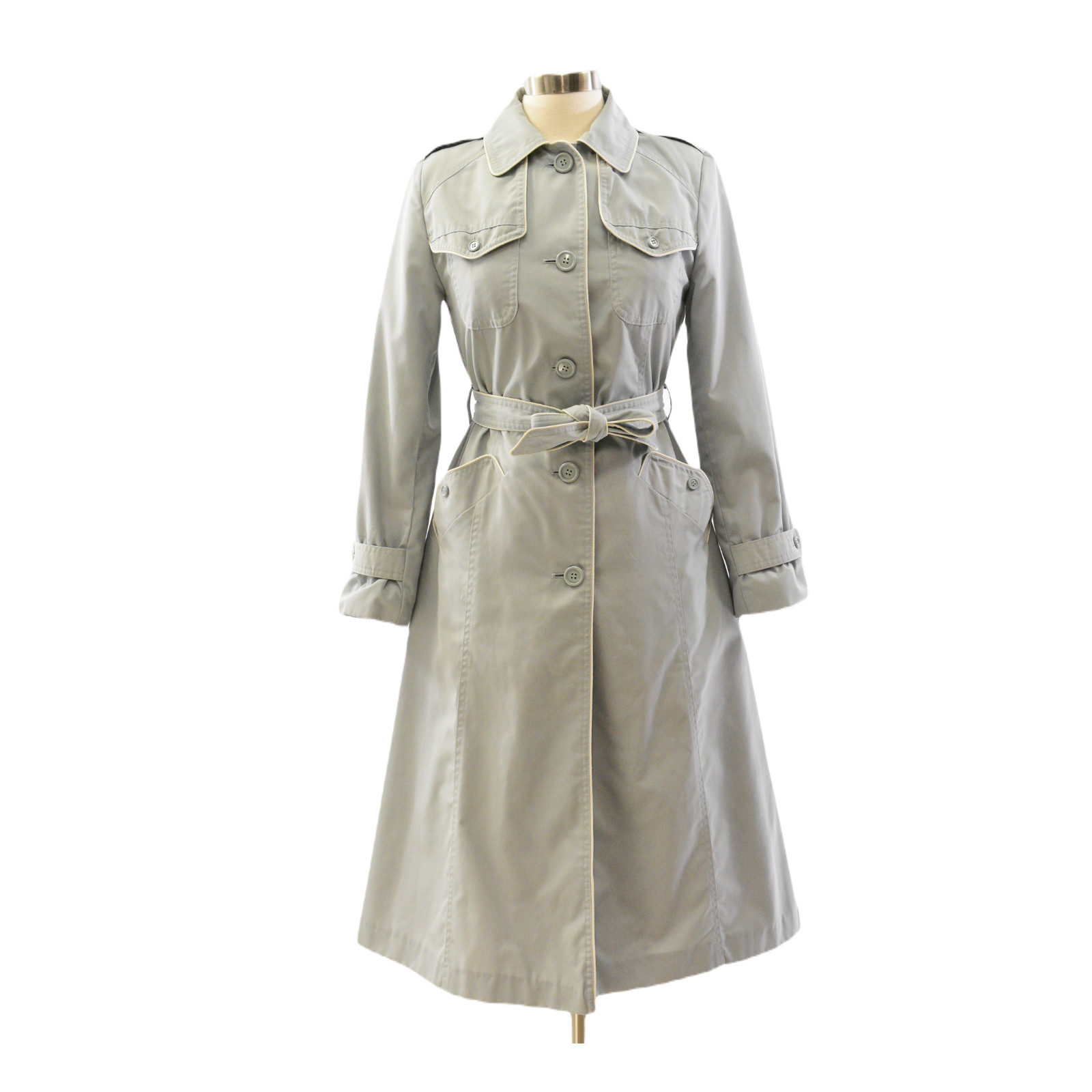 70s Casual Corner Piped Long Belted Coat Western Art Deco Hazy BlueGray Womens M