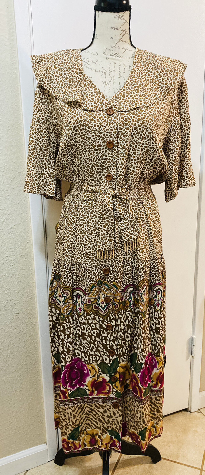 MS CHAUS Secretary Midi Dress Floral Paisley Animal Print Belt Short Slv 14 Vtg