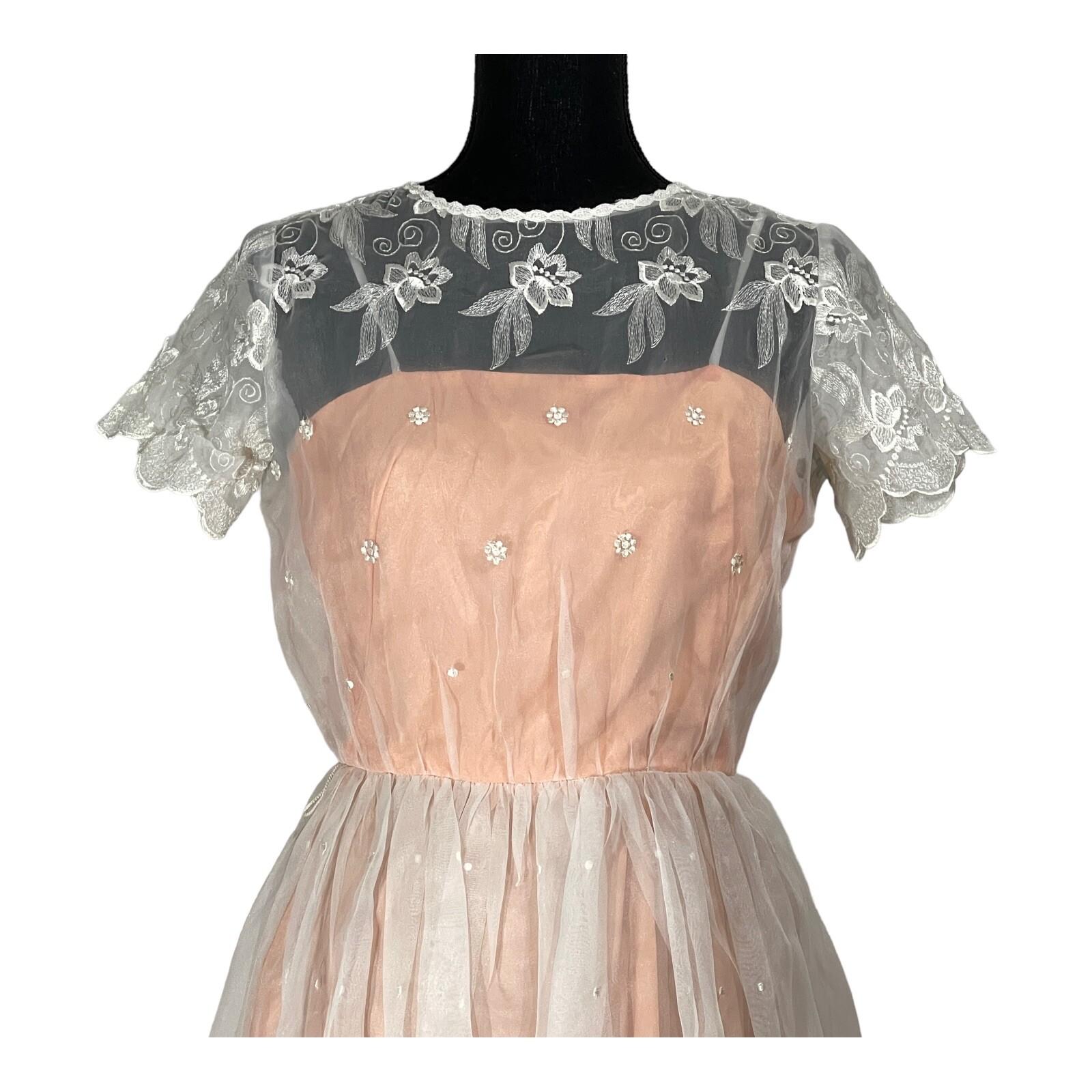 VTG 70s Party Tea Dress Women 5/6 Bridesmaid Chiffon Peach White Easter Prom