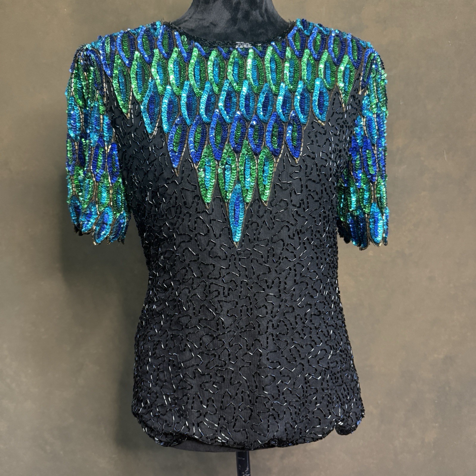 80s Women Stenay Sequin Blouse Top Black Blue Green Beaded Party Glam Occasion