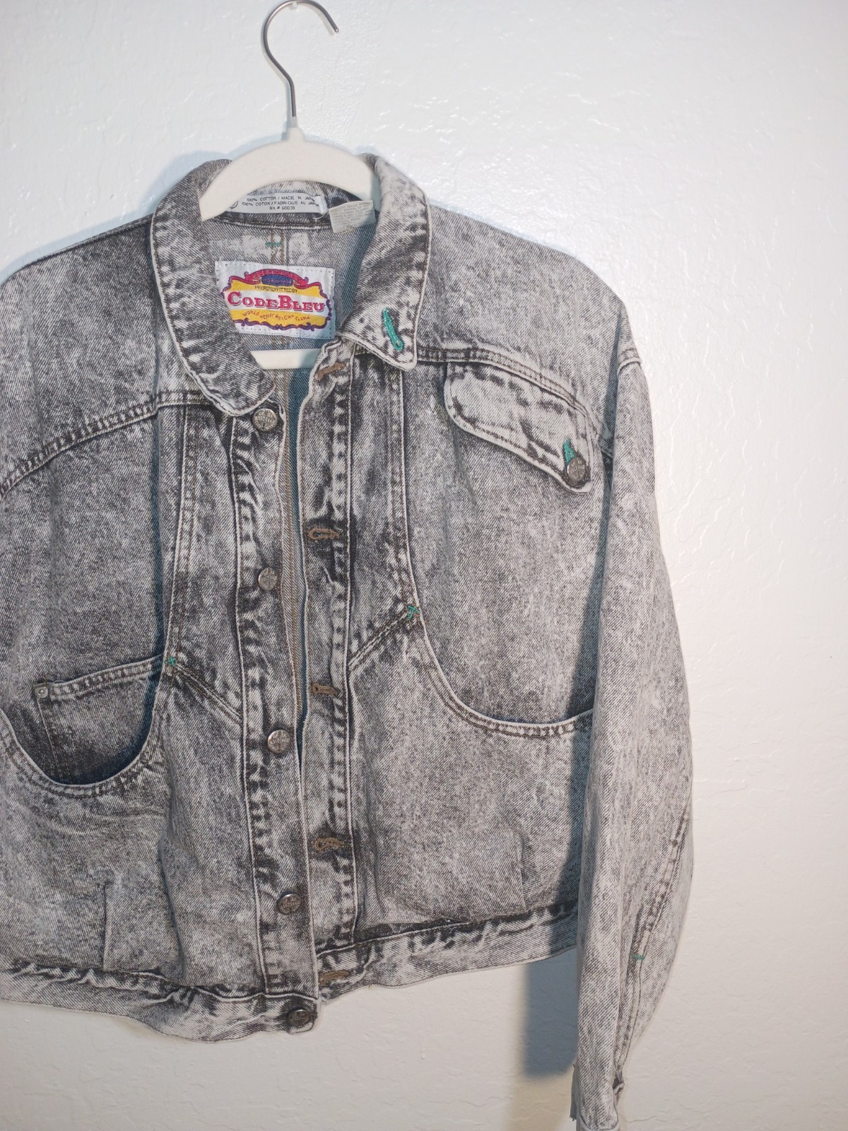 VTG Code Bleu Denim Jacket M 80s 90s Acid Wash Gray Black Cropped Made in