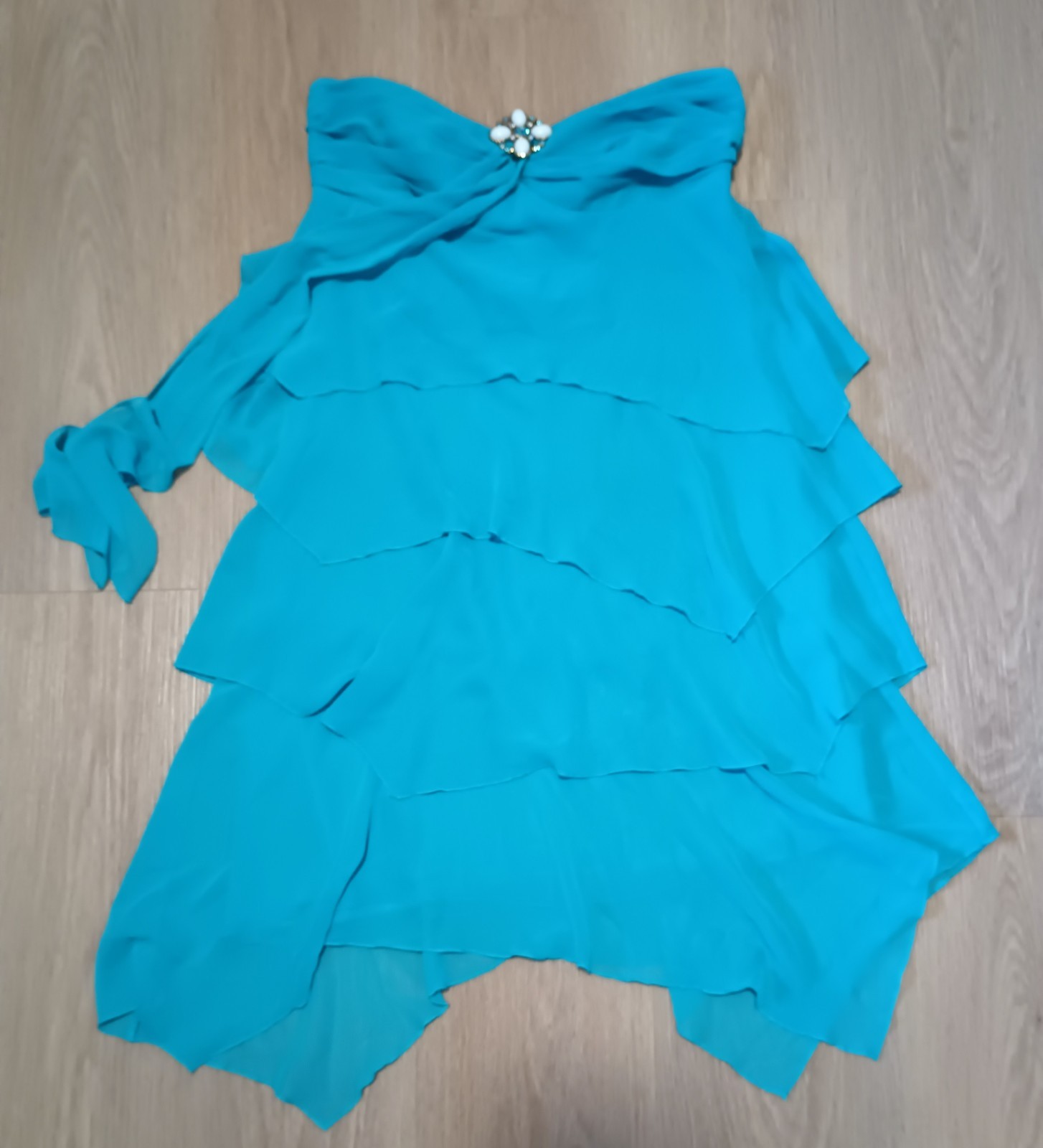 Vtg 90s ABS ALLEN SCHWARTZ Teal Sheer Tiered Layered Empire Evening Prom Dress 4