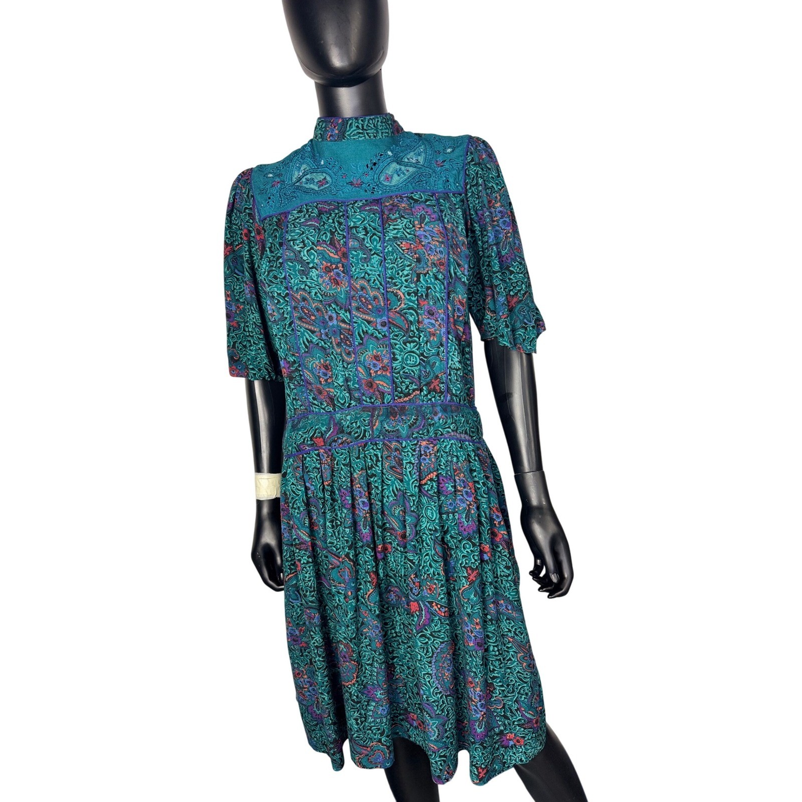 Vintage Phool Paisley Midi Dress Teal Purple Mock Neck Short Sleeve India M