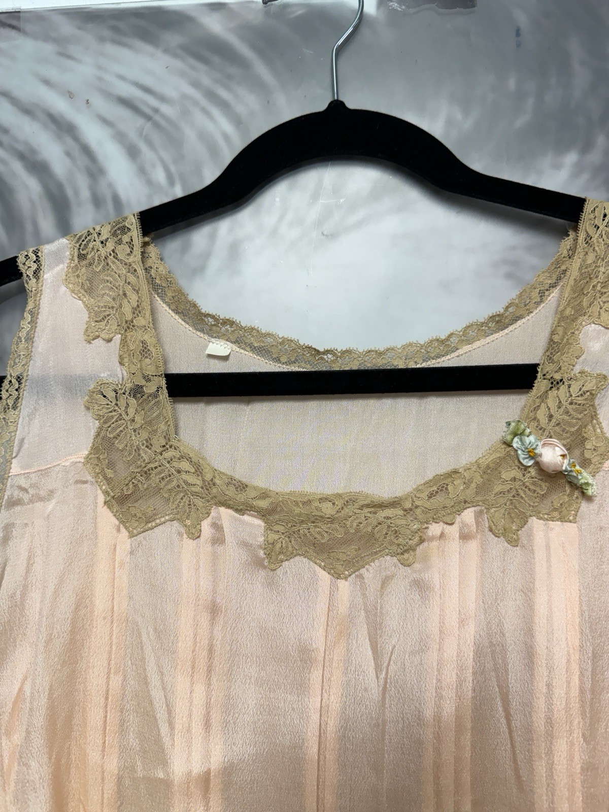 Vintage 1930s Peach Nightgown w Lace Trim & Ribbons, Lace Hollywood Glam Look