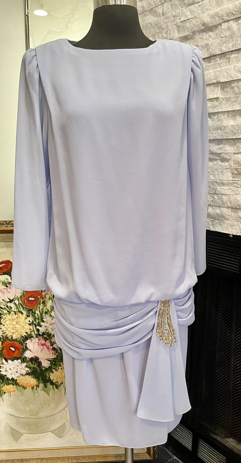 VTG URSULA Long Sleeve dress Drop Waist Sequin Appliqué Blue Size 8 Dressy