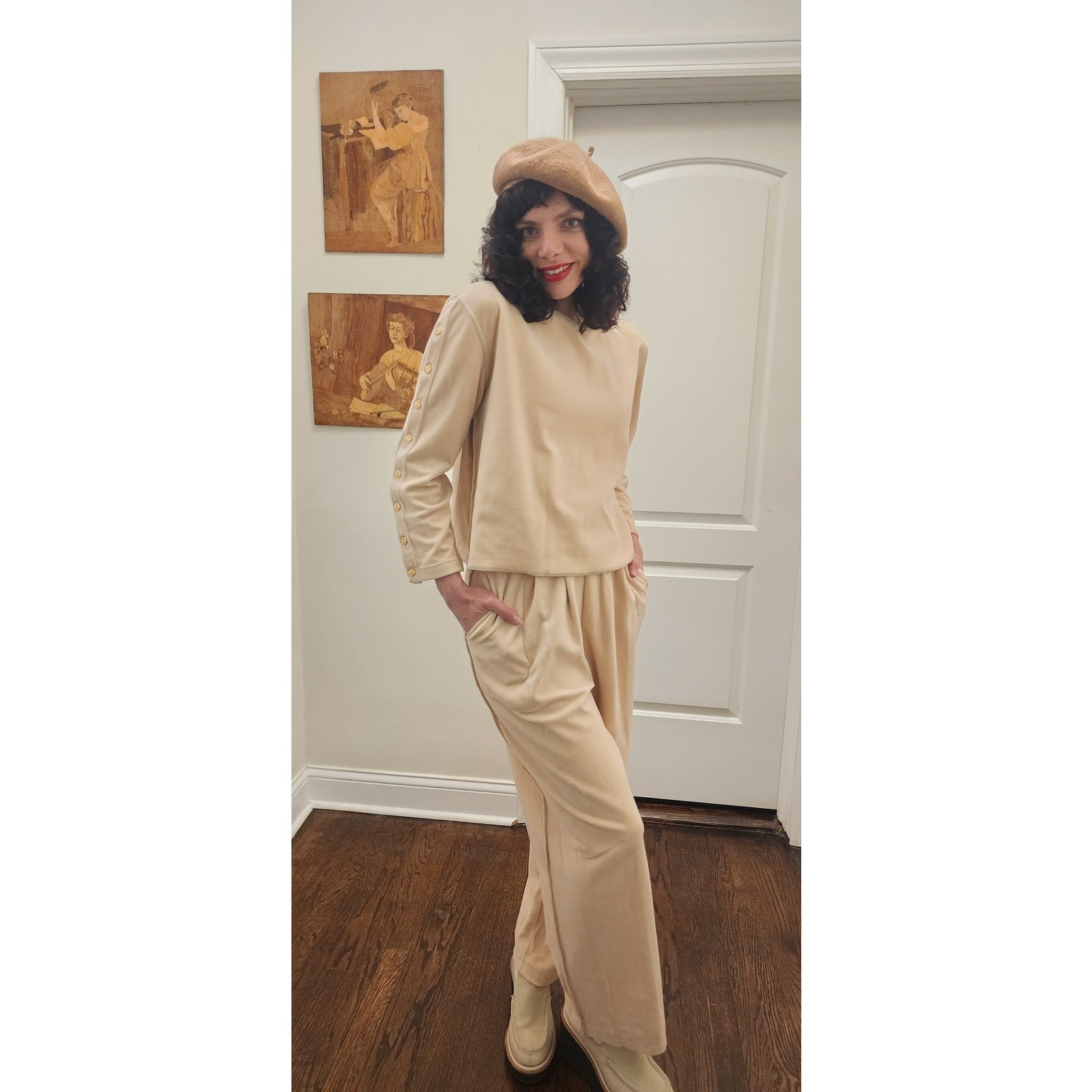 Vintage 90s Sonia Rykiel Velour Track Suit Beige w/Gold Buttons
