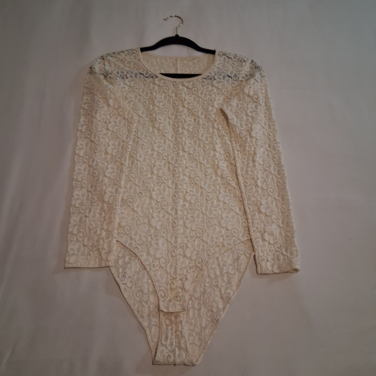 VTG LUCIE ANN’S II Ivory Floral Lace Bodysuit Long Sleeve High Cut Beverly Hills