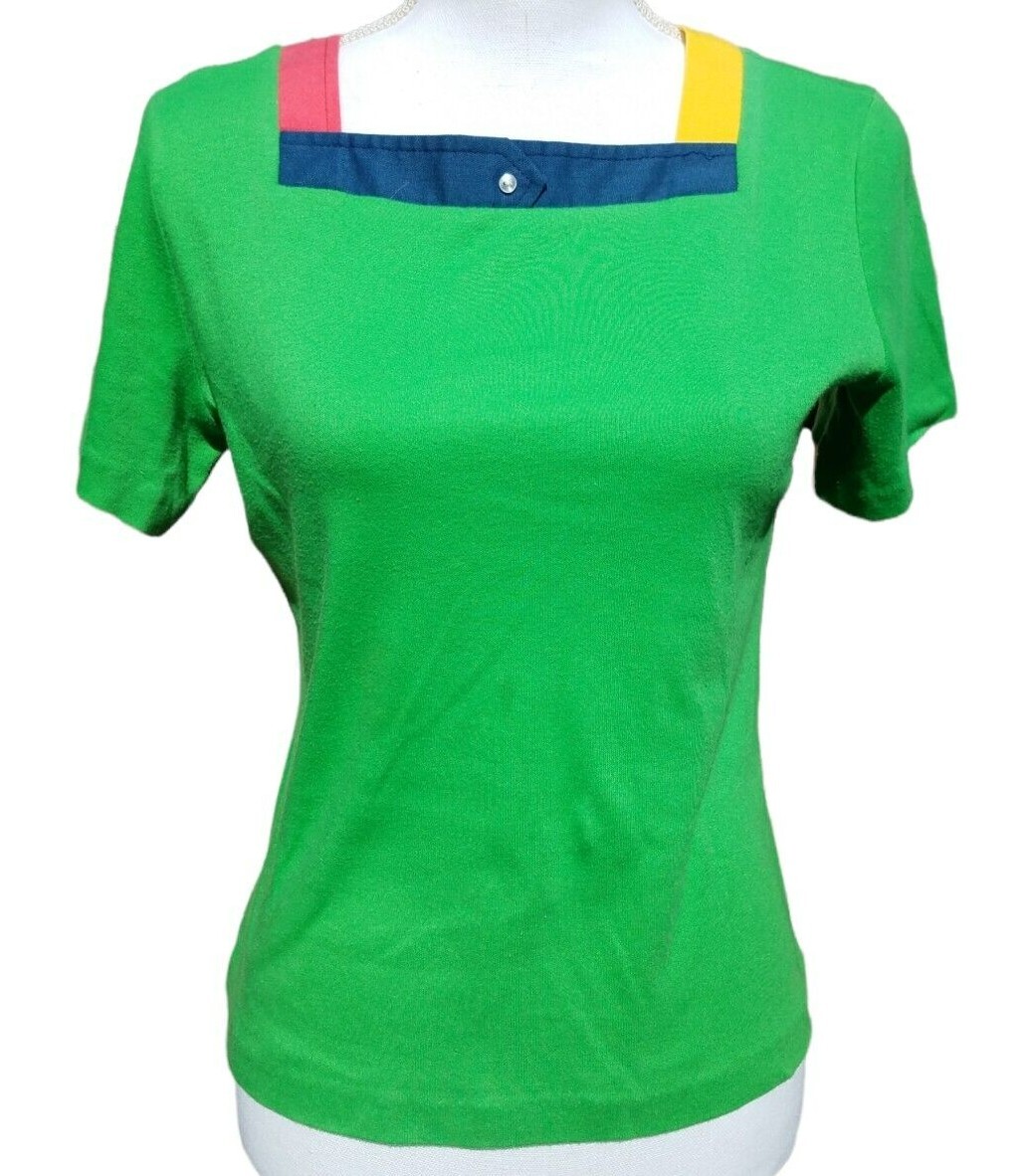 Vintage Women’s Green Square Neck Colorblock Shirt Blouse Top Button Accent READ