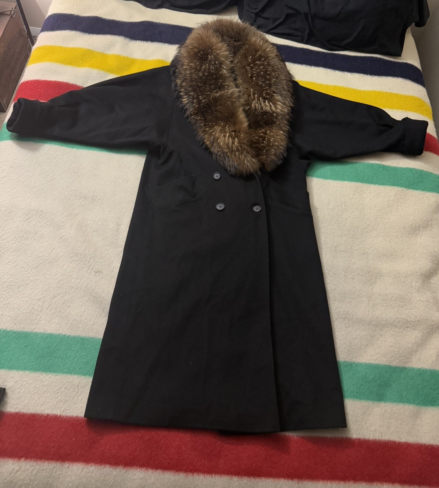 Vintage Gemini Black Full Length Wool Coat Jacket Finncoon Raccoon Fur Collar XL