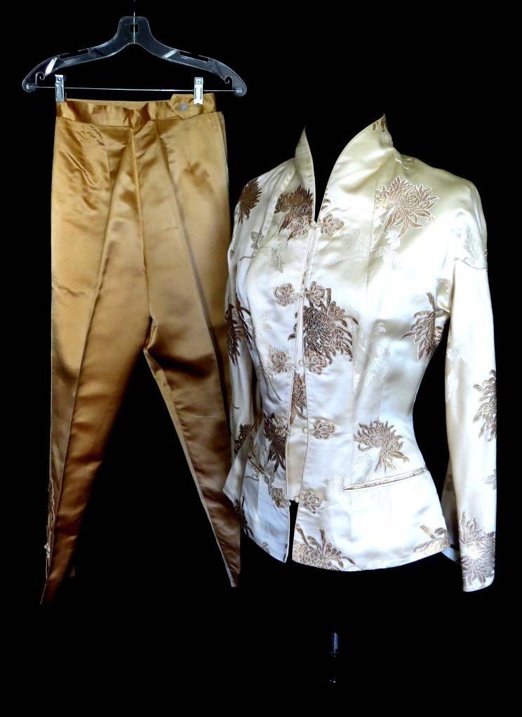 VINTAGE 1970’S GOLDEN SILK SATIN CHINESE BROCADE TWO PIECE OUTFIT SIZE SMALL