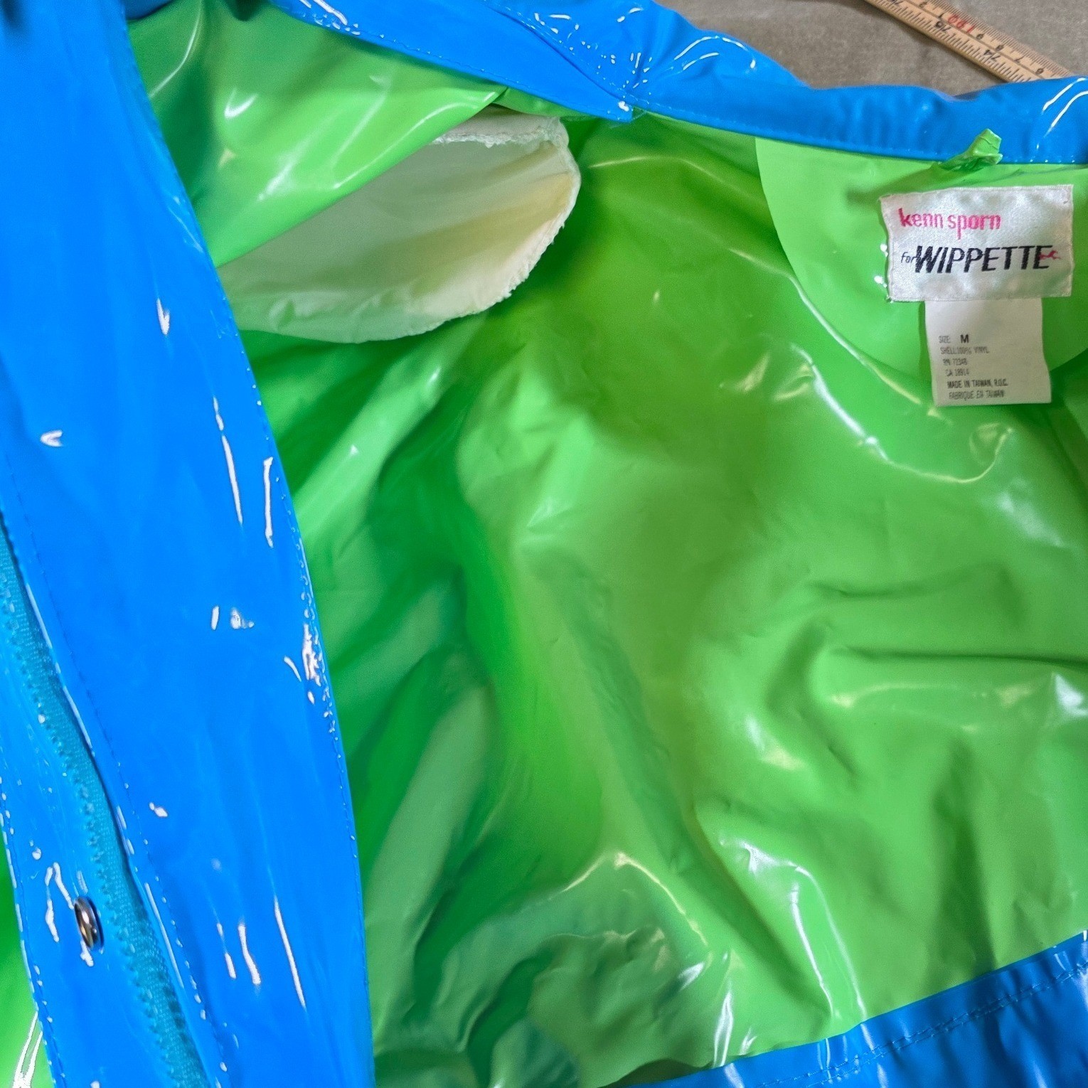 Vintage 80s Kenn Sporn for Wippette Vinyl Raincoat Jacket Neon Green Blue Medium