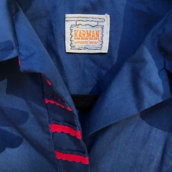 Vintage Karman Western Wear Lantern Sleeve Blue Red Embroidery Button Down Shirt