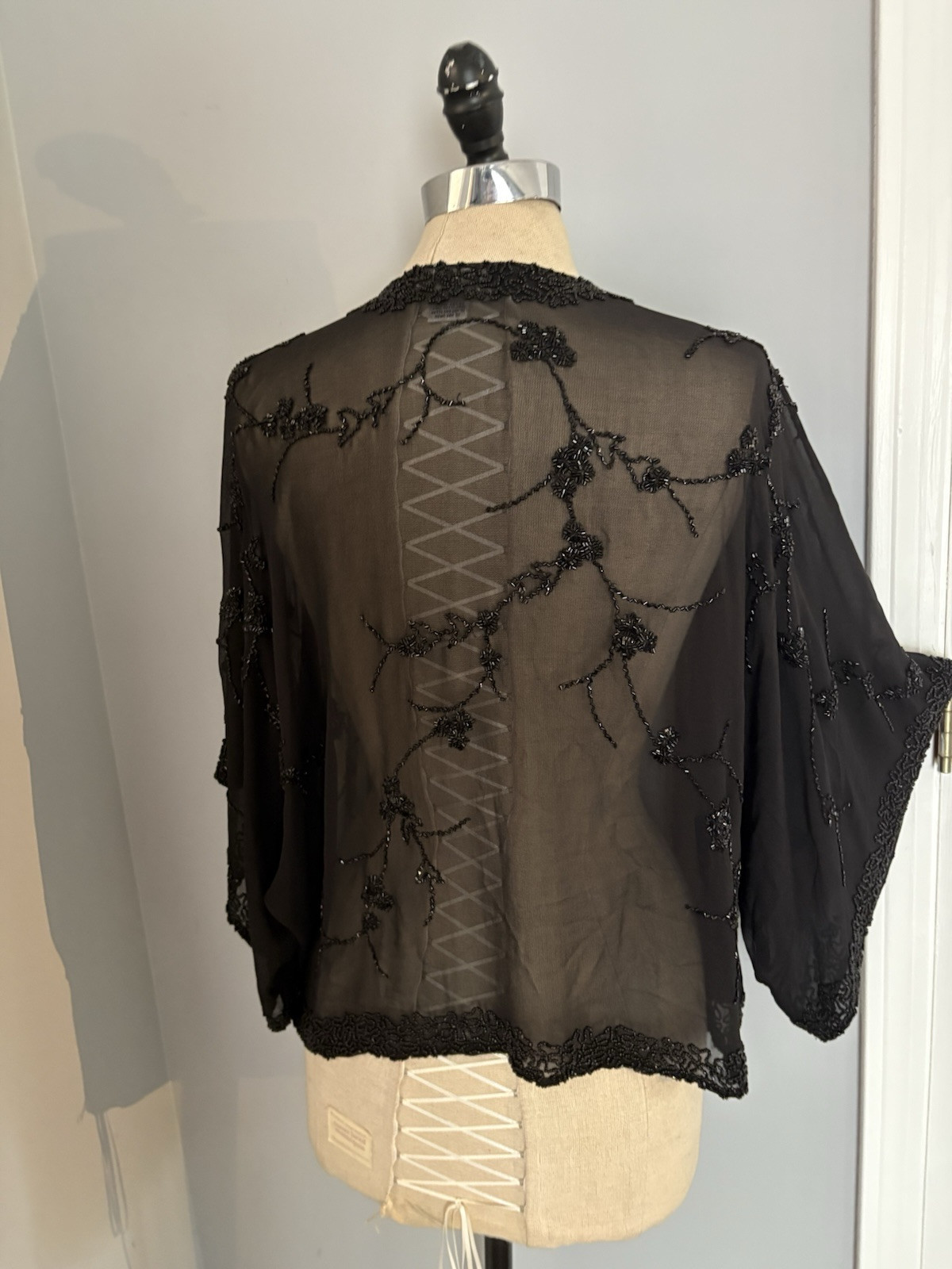 Vintage 80s Beaded Sheer Silk Kimono Top Edwardian Victorian Gothic Boho Flapper