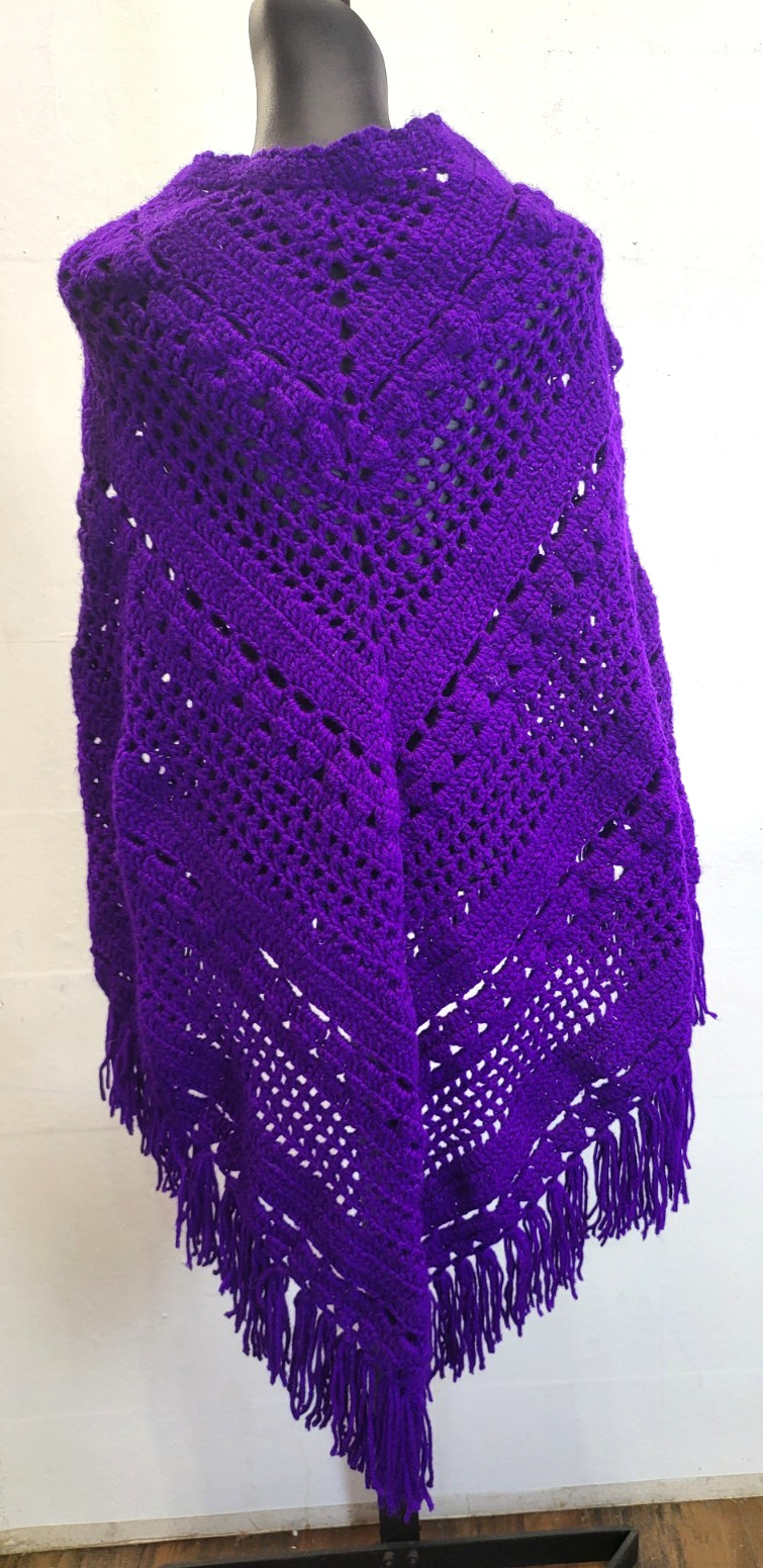 Vintage Crochet Poncho Deep Purple w/Fringe Handmade Boho Hippie Granny Core
