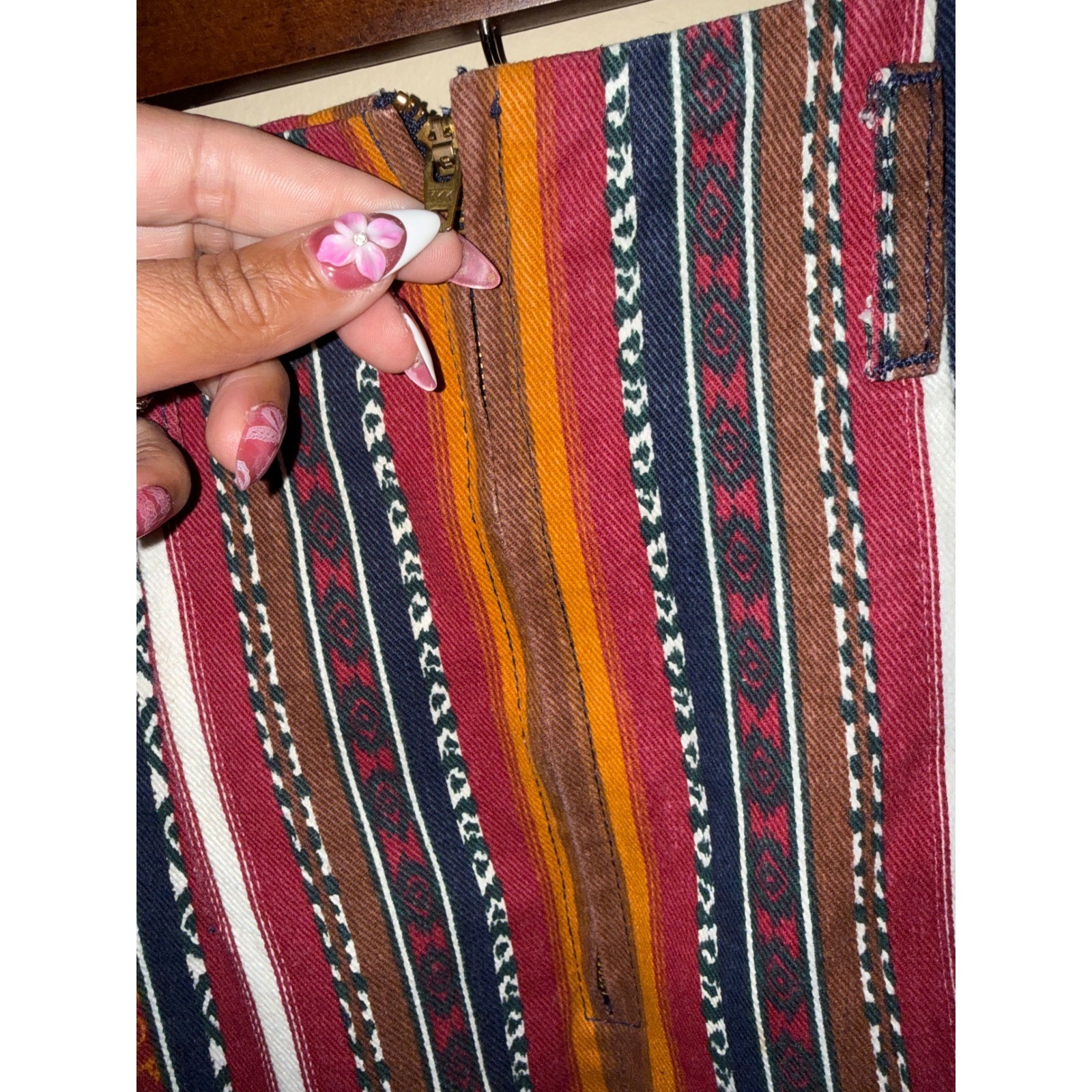 Vintage Stone Gear Southwestern Striped Midi Skirt Fringe Side 3 Boho Festival