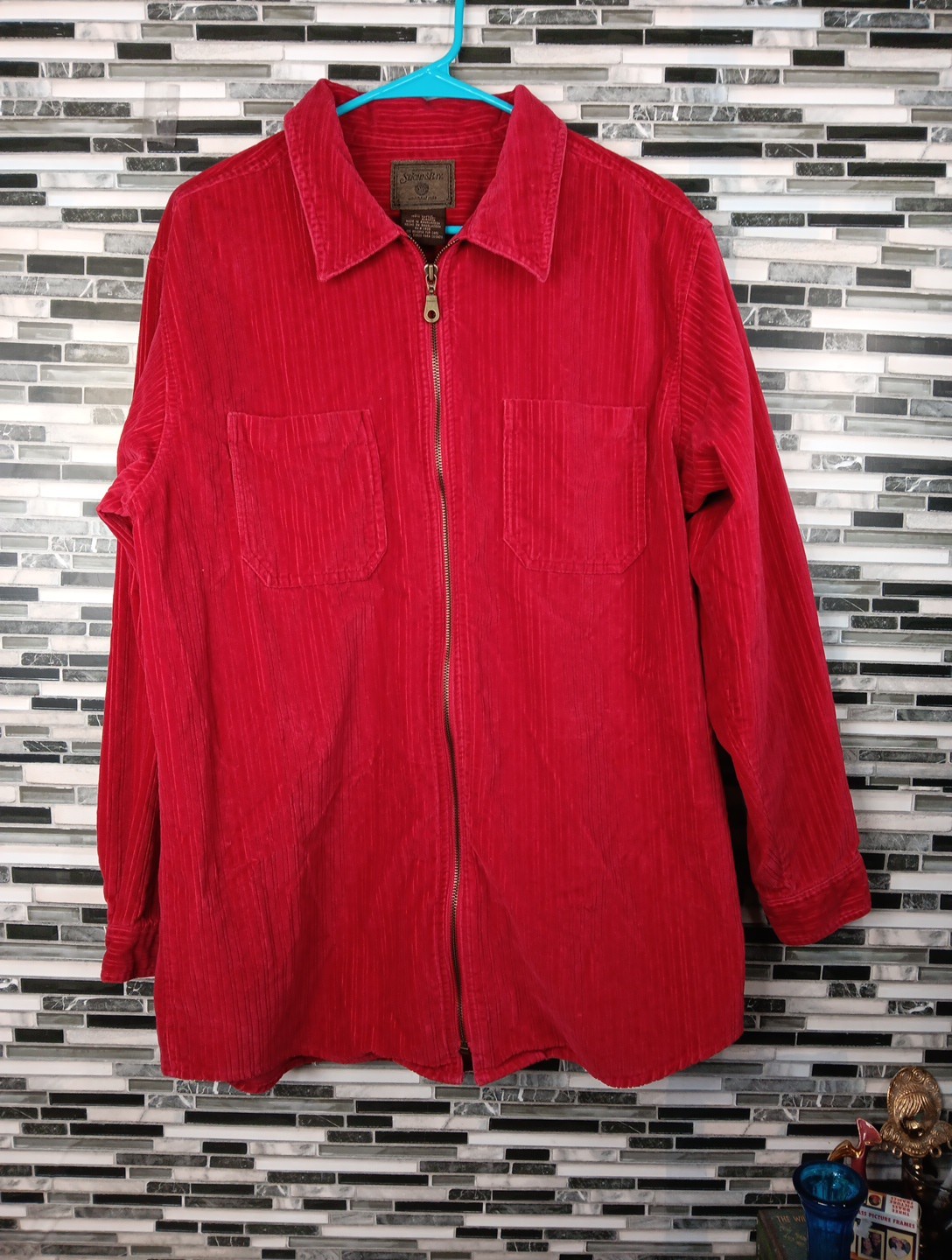 Jacket Red Corduroy Shirt Womens L Pocket Full Zip Shacket thick 90s Vtg Cozy
