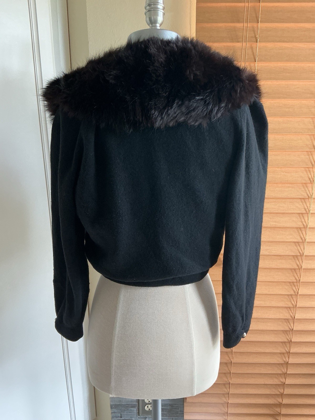 Vtg 50s Bonnie Briar Angora Wool Black Cardigan , Genuine Fur Stole Collar S