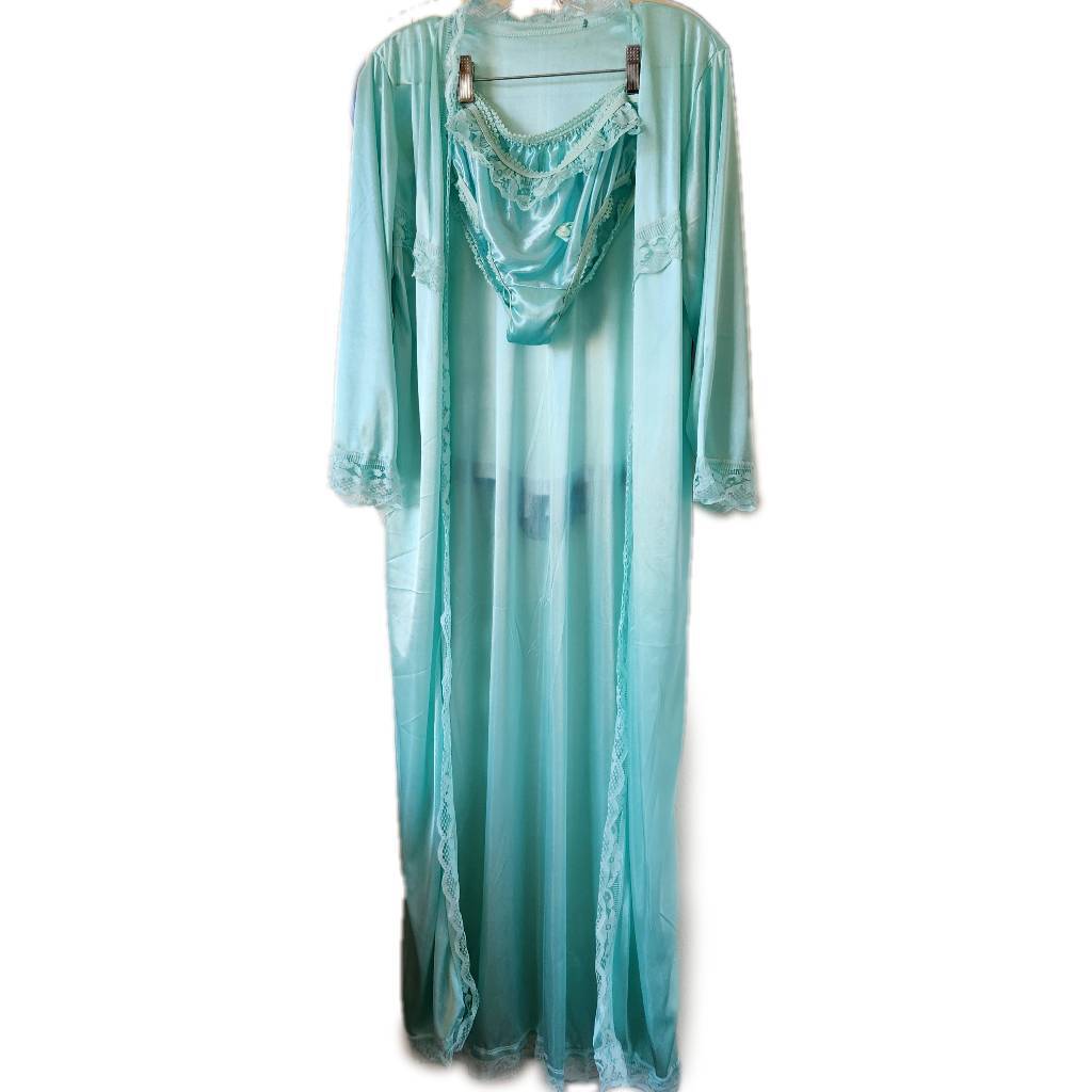 3 piece vintage Mint seafoam green robe nightgown and bottoms lace women’s S-M