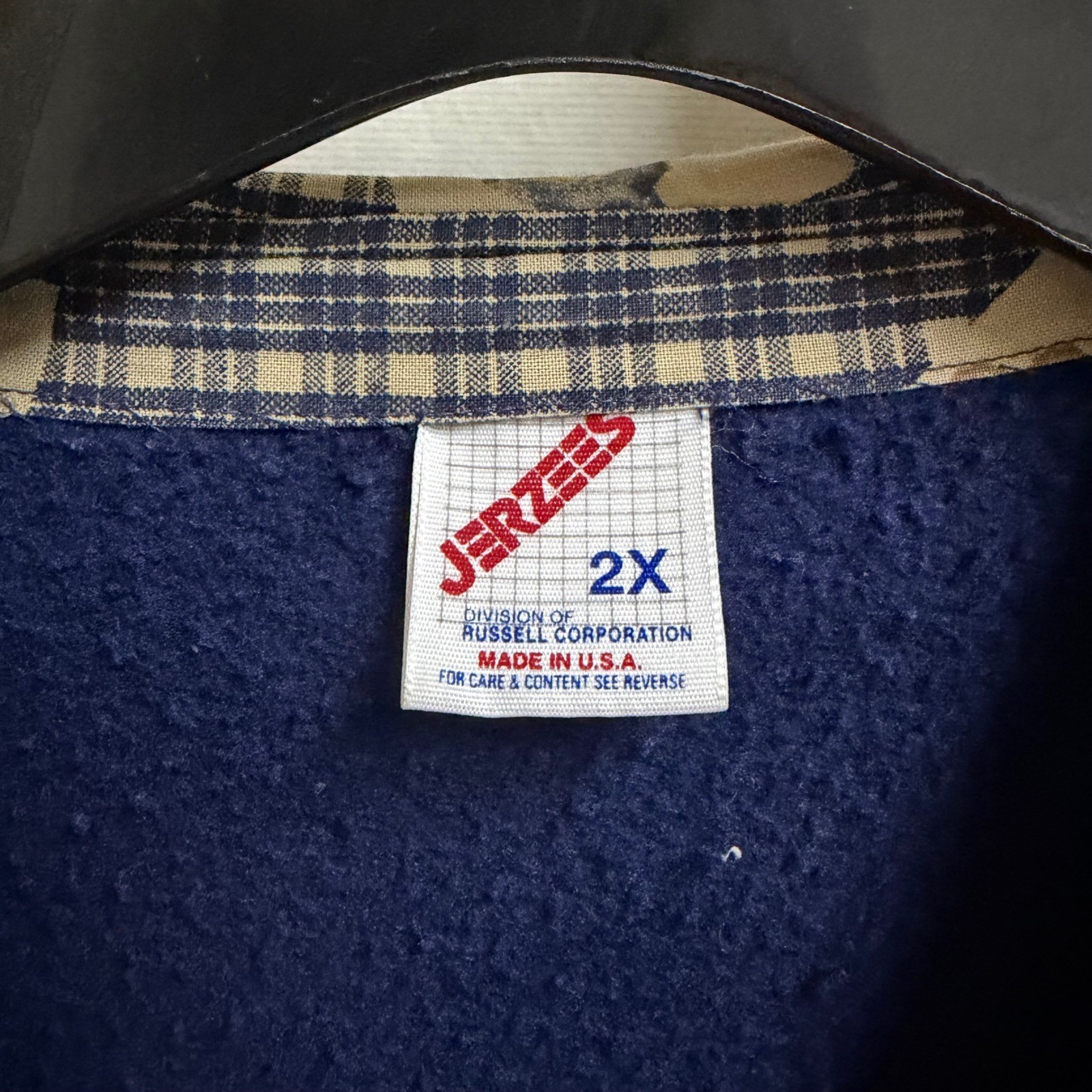 Vintage Jerzees Navy Teddy Bear Plaid Collar Fleece Cardigan 2X USA Cottagecore