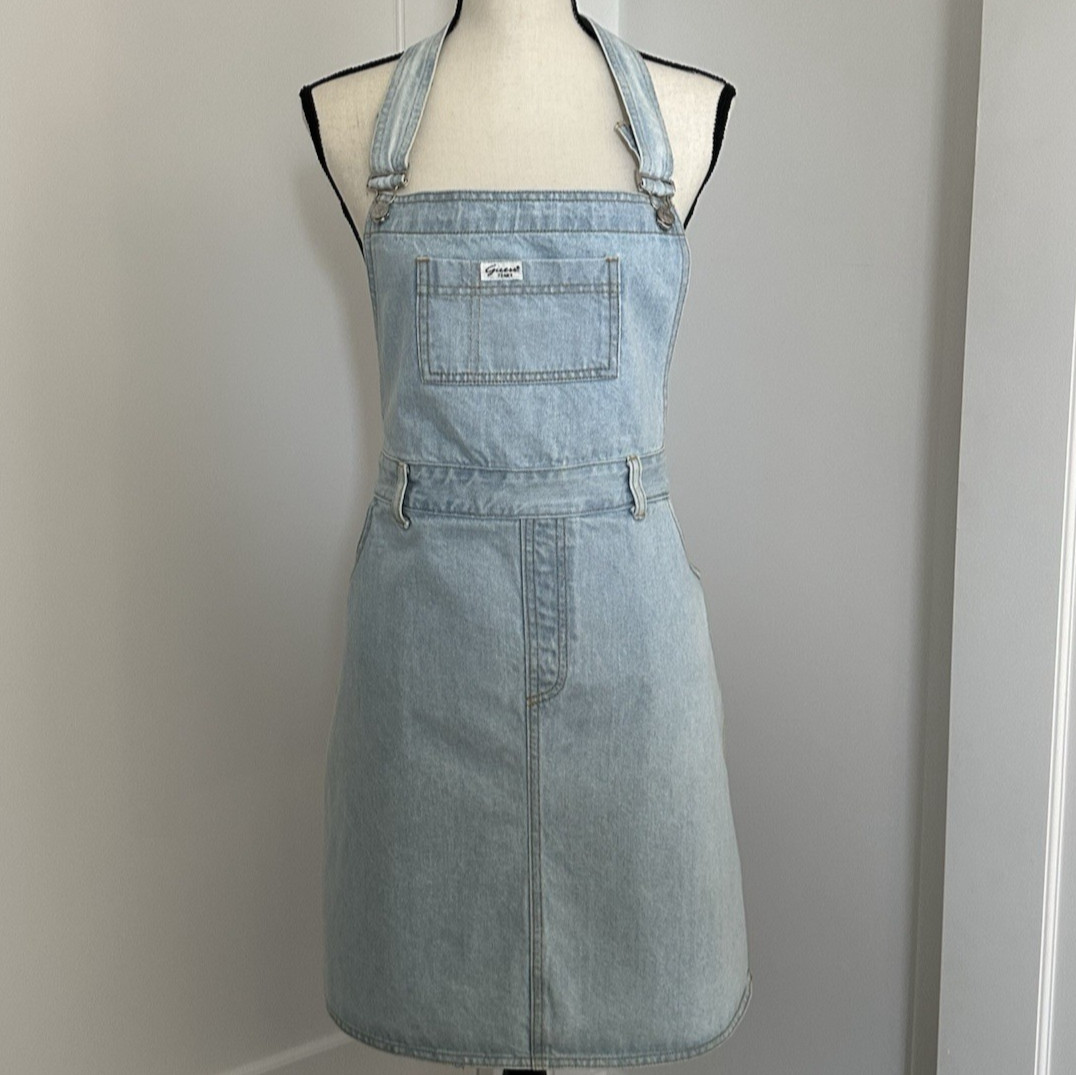 Vintage Guess Denim Overall Light Wash 90s Mini Pinafore Womens Apron Rare