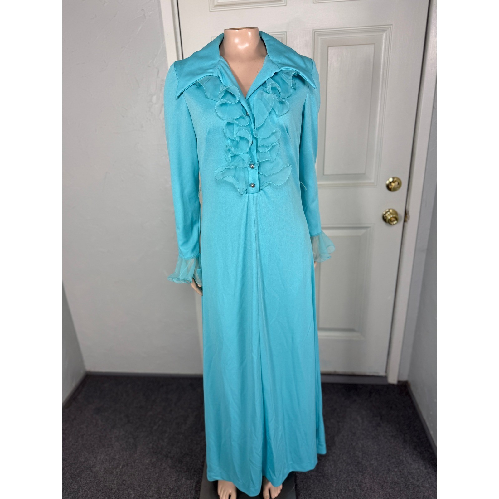 Vintage 70s Dress Bridesmaid Maxi Polyester Knit Party Formal Evening Ruffle NN3