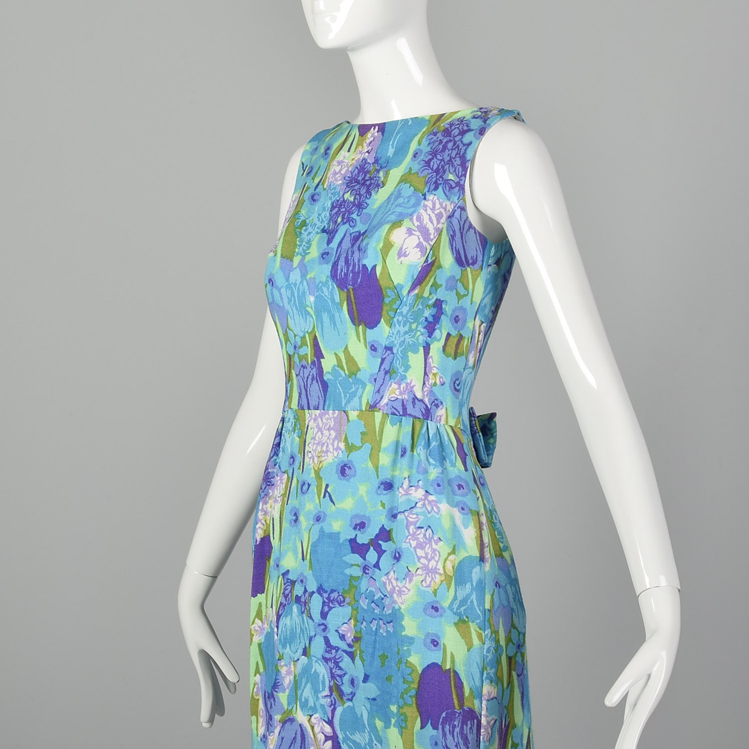 XS Maxi Dress 1960s Blue Purple Floral Bow Modest Prom Semi Formal Gown 60s VTG