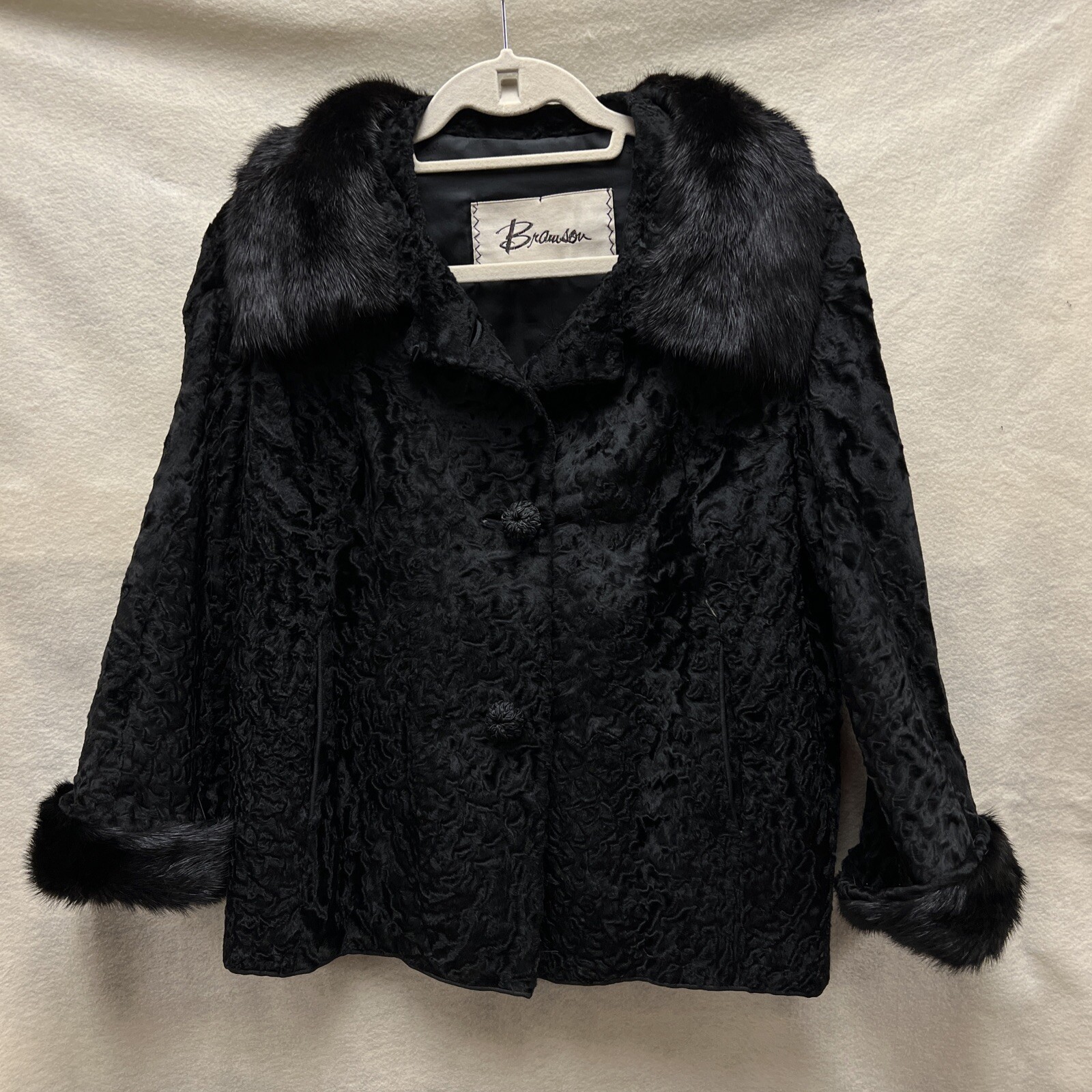 Vintage Bramson Fur Coat Womens S/M Black Curly Persian Lamb Mink Cropped Jacket
