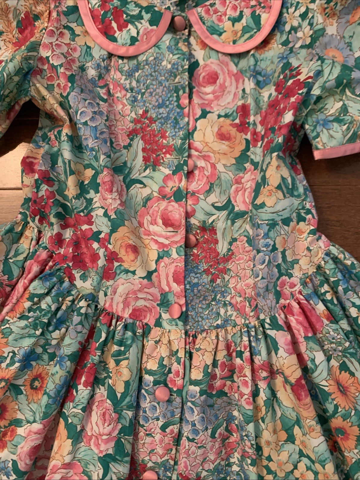 Vtg 80’s Cotton Floral Cottage Drop Waist Puff Slv Petticoat Dress Girls 12