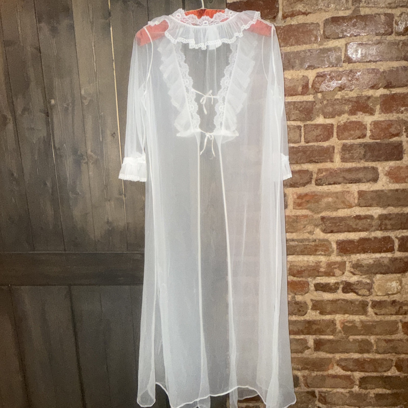 VTG Lorraine White Sheer Nylon Lace Collar Ruffle Sz S Peignoir Bridal Tie Front
