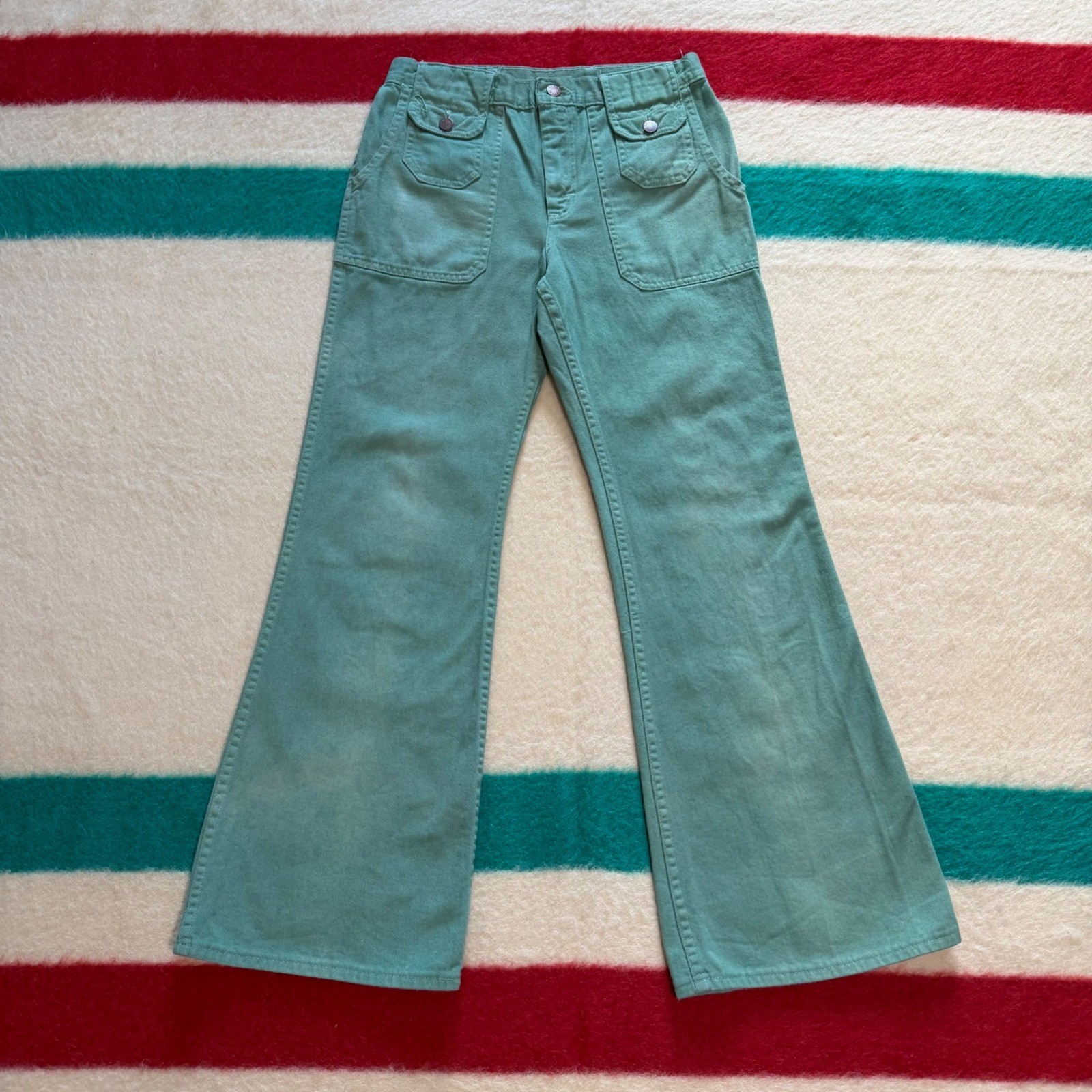 VTG 70s Green Denim Flared Pants Talon 42 Zip High Waist 29×29