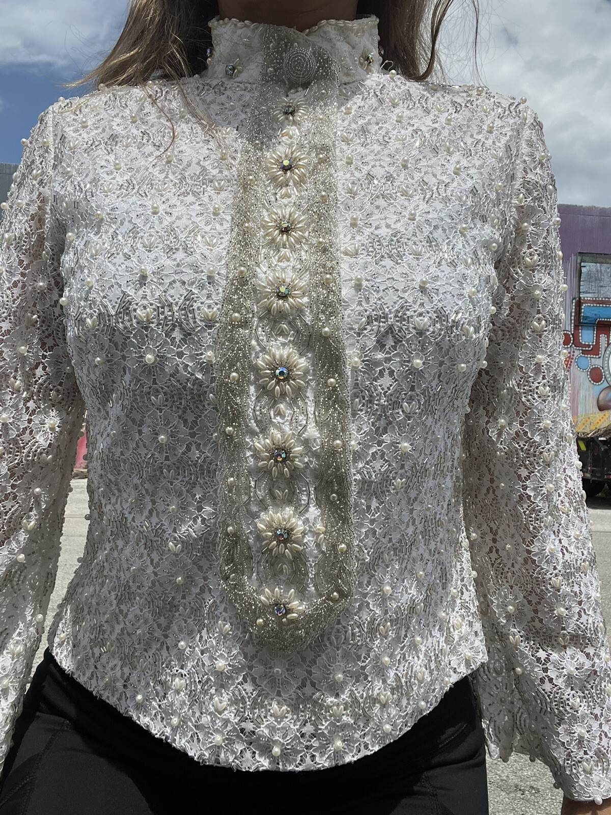 Rare 60s Vintage Valentina Designer Pearl Beaded Collared White Top Shirt