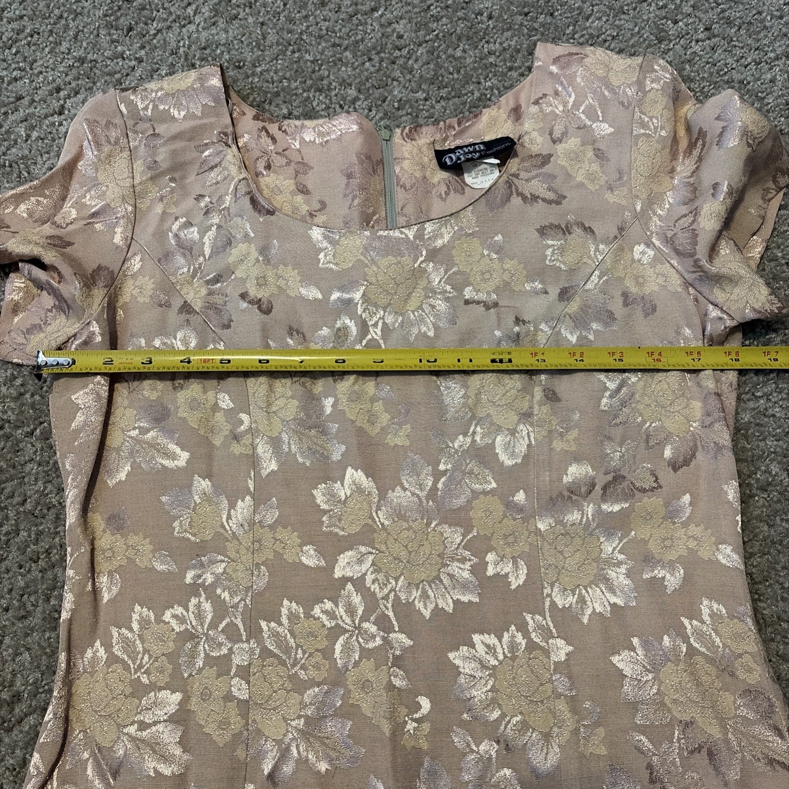 Vintage Dawn Joy Fashions Nude Pink Tan Floral Pattern Dress Size 10