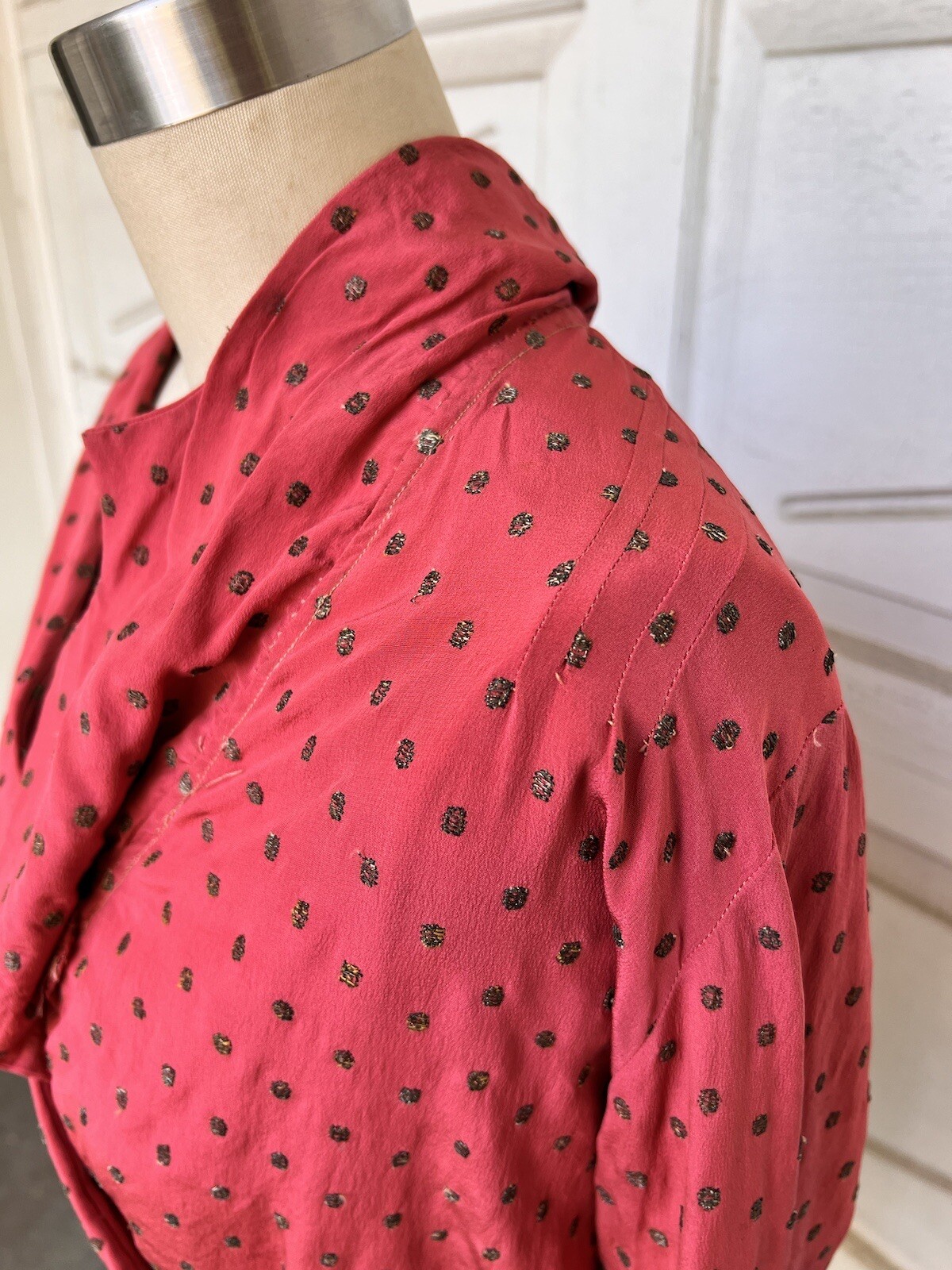 Vintage 1930s 40s Raspberry Silk Blouse Shirt Gold Metallic Dot Embroidery Bows
