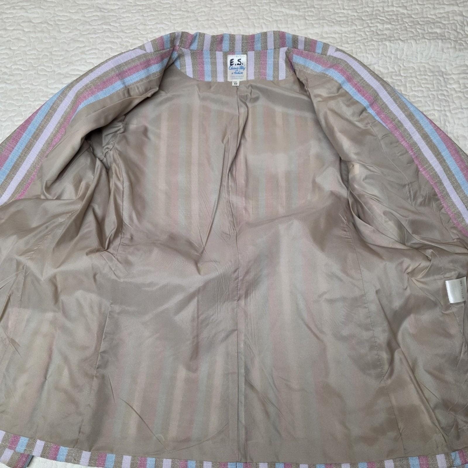 Blazer Jacket Size 12 Queens Way Fashion Pastel Striped Japan Moonstone Brooch
