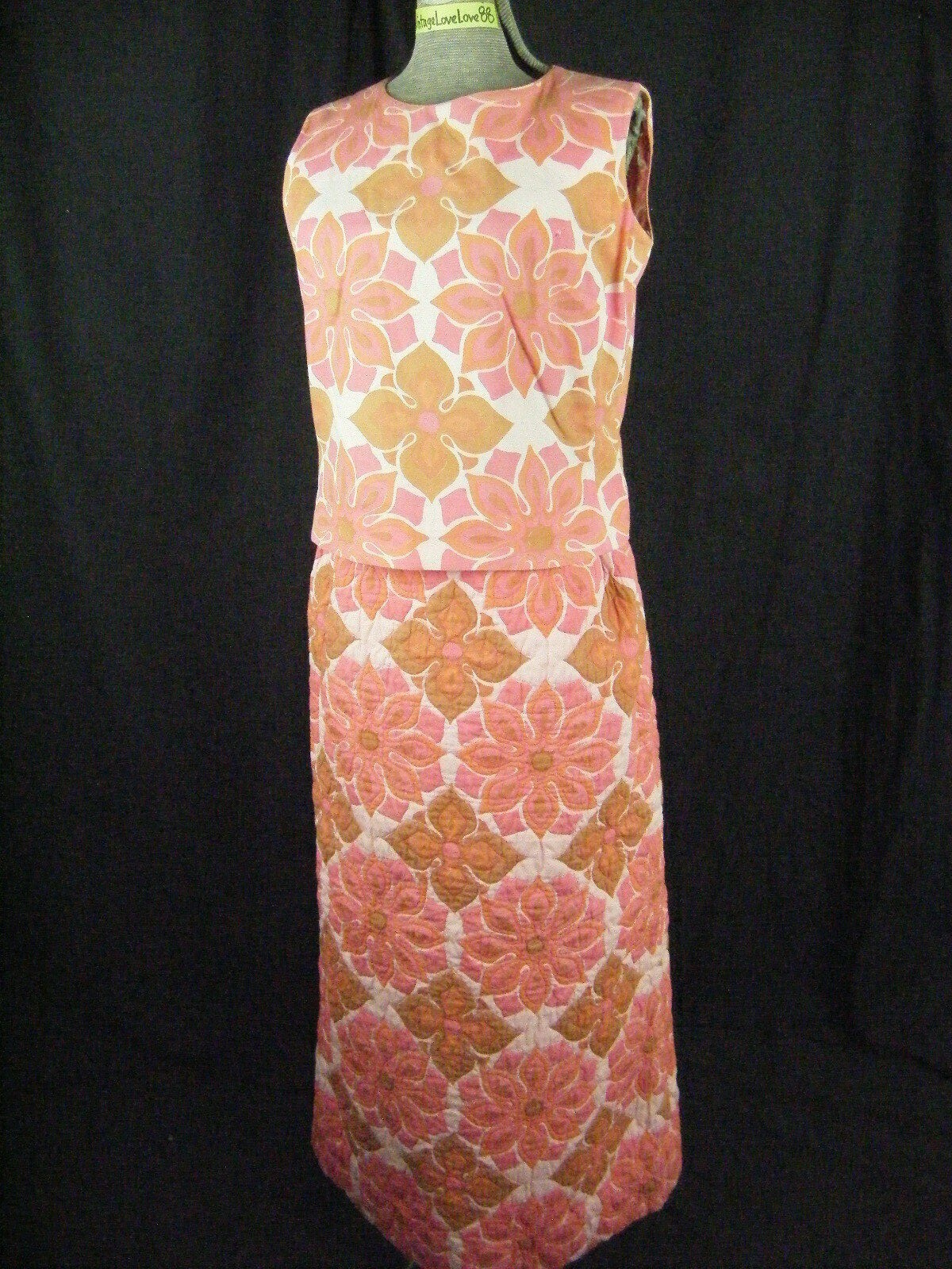 Vtg 60s Pink Orange Thai Made Cotton Top & Quilted Skirt-Bust 41/Waist 27/S
