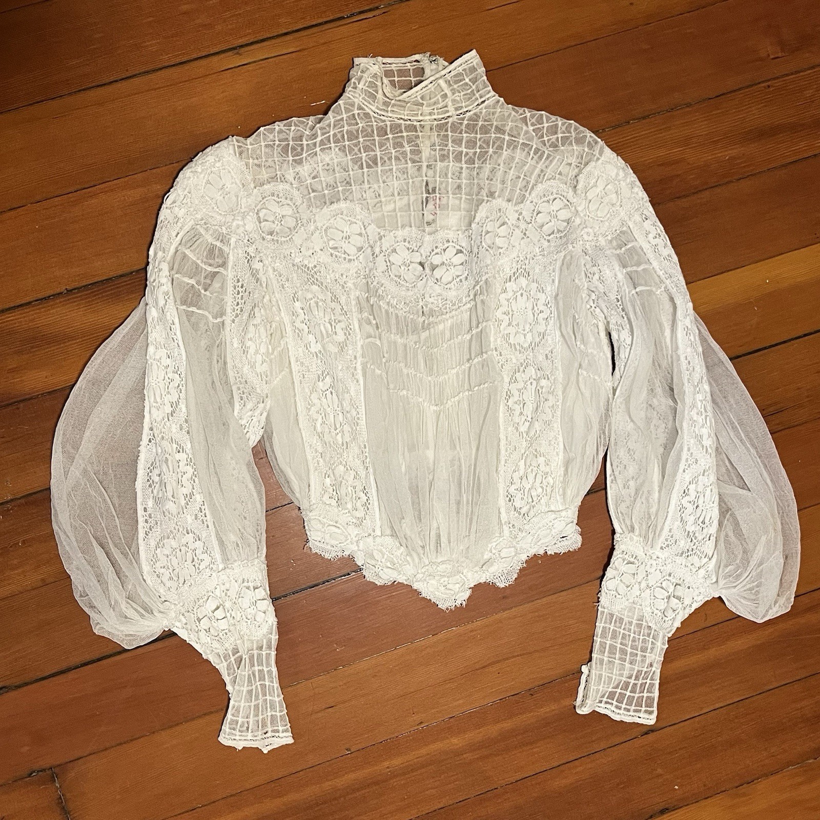 Antique Edwardian Victorian White Net Tulle Lace Bridal Bodice High Neck Wedding