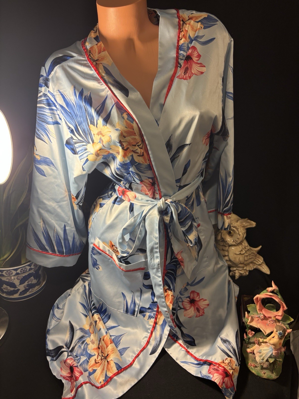 Vtg Satin HAWAII BABYDOLL NIGHTIE ROBE LINGERIE PEIGNOIR ROBE L 42″