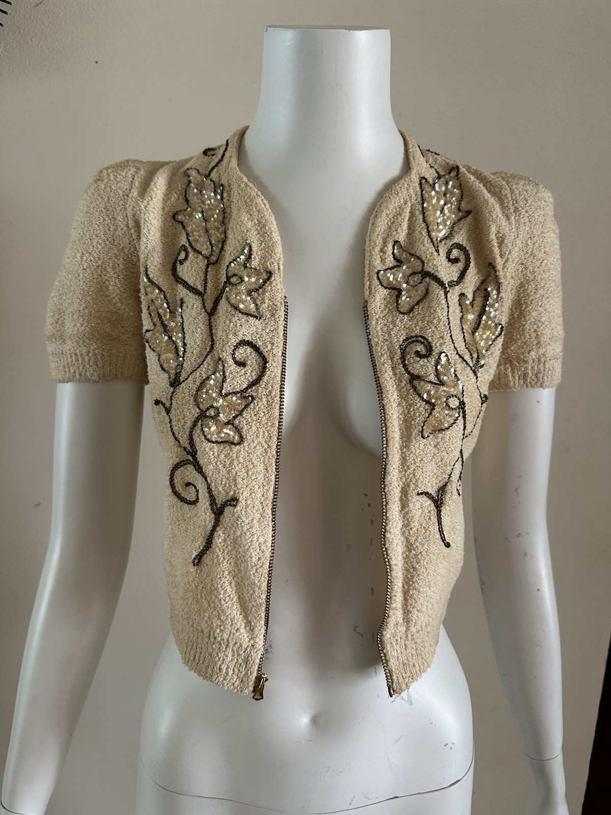 1930s Boucle Sequin Cardigan Sweater Talon Bell Zip Puff Sleeve Art Deco