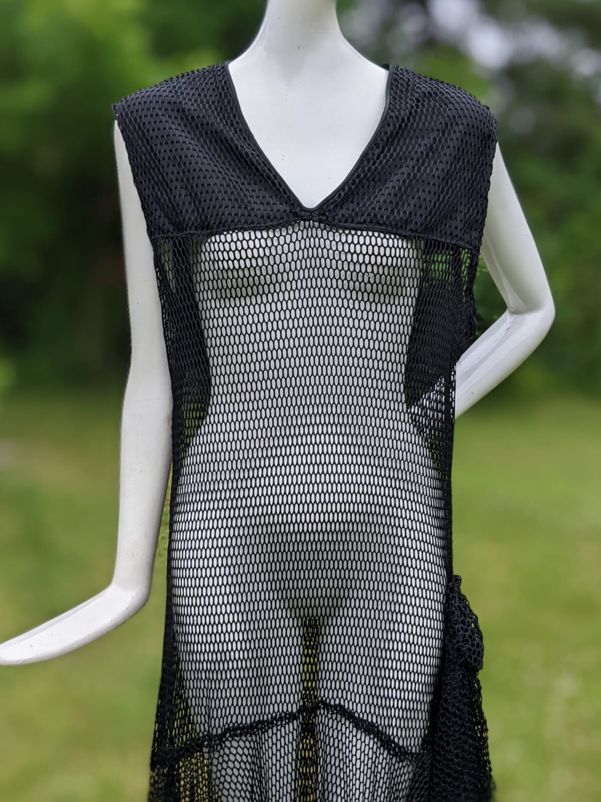 ALLURING FLAPPER 1920’S BLACK FISHNET DRESS W DRAPE TAILS AT SIDE 
