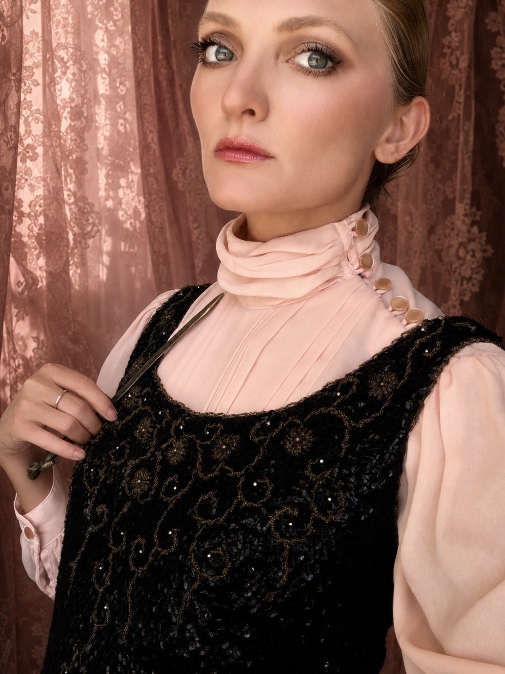 1920s Black + Metal brass beaded Art deco opera top