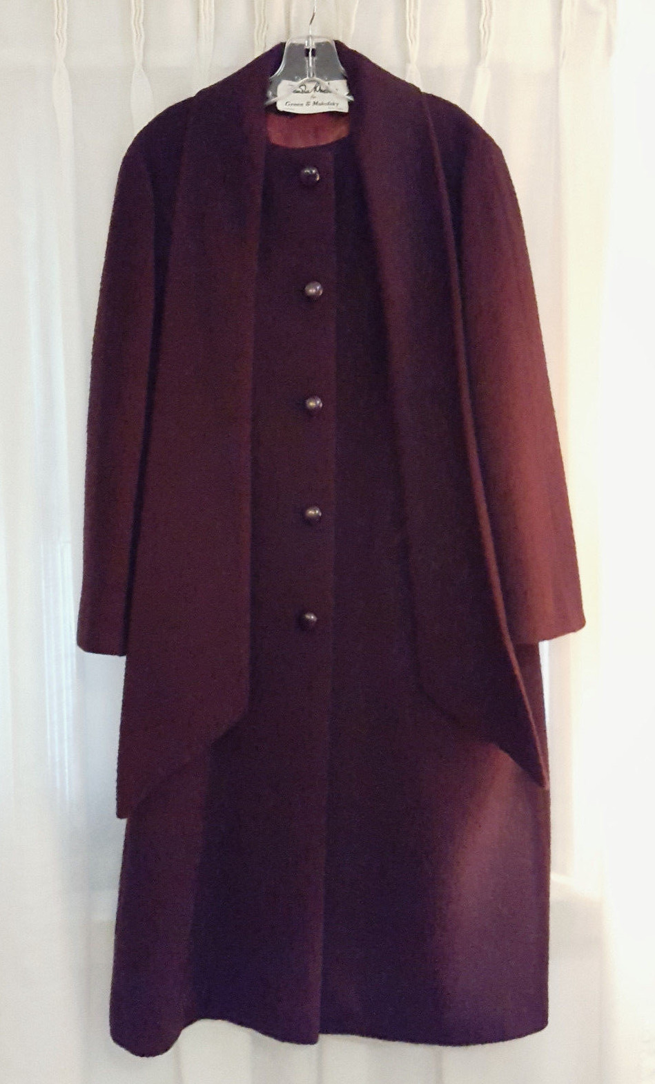 Zandra Rhodes Designer Ladies 100% Wool Coat, Vintage 1980s, Deep Burgandy Color