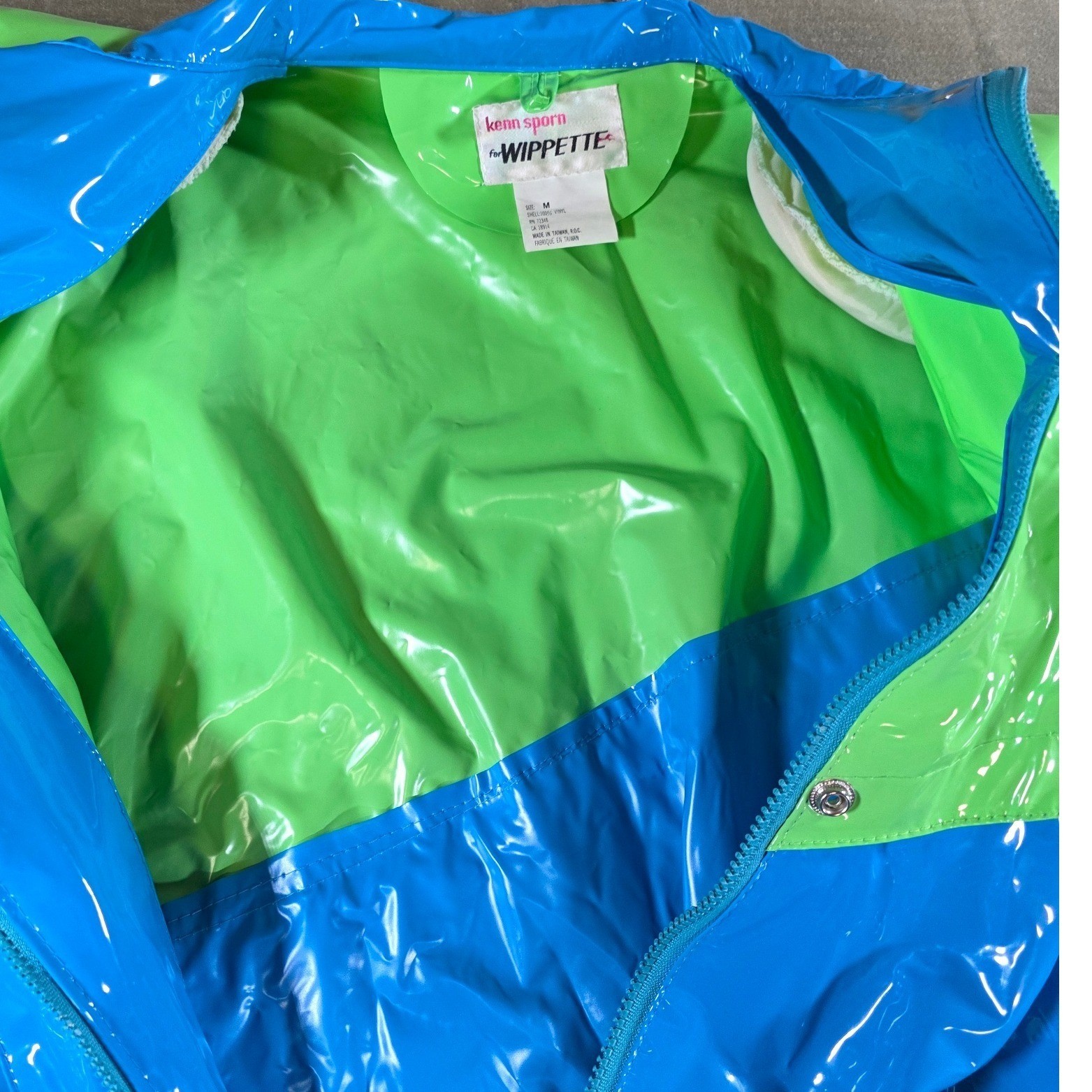 Vintage 80s Kenn Sporn for Wippette Vinyl Raincoat Jacket Neon Green Blue Medium