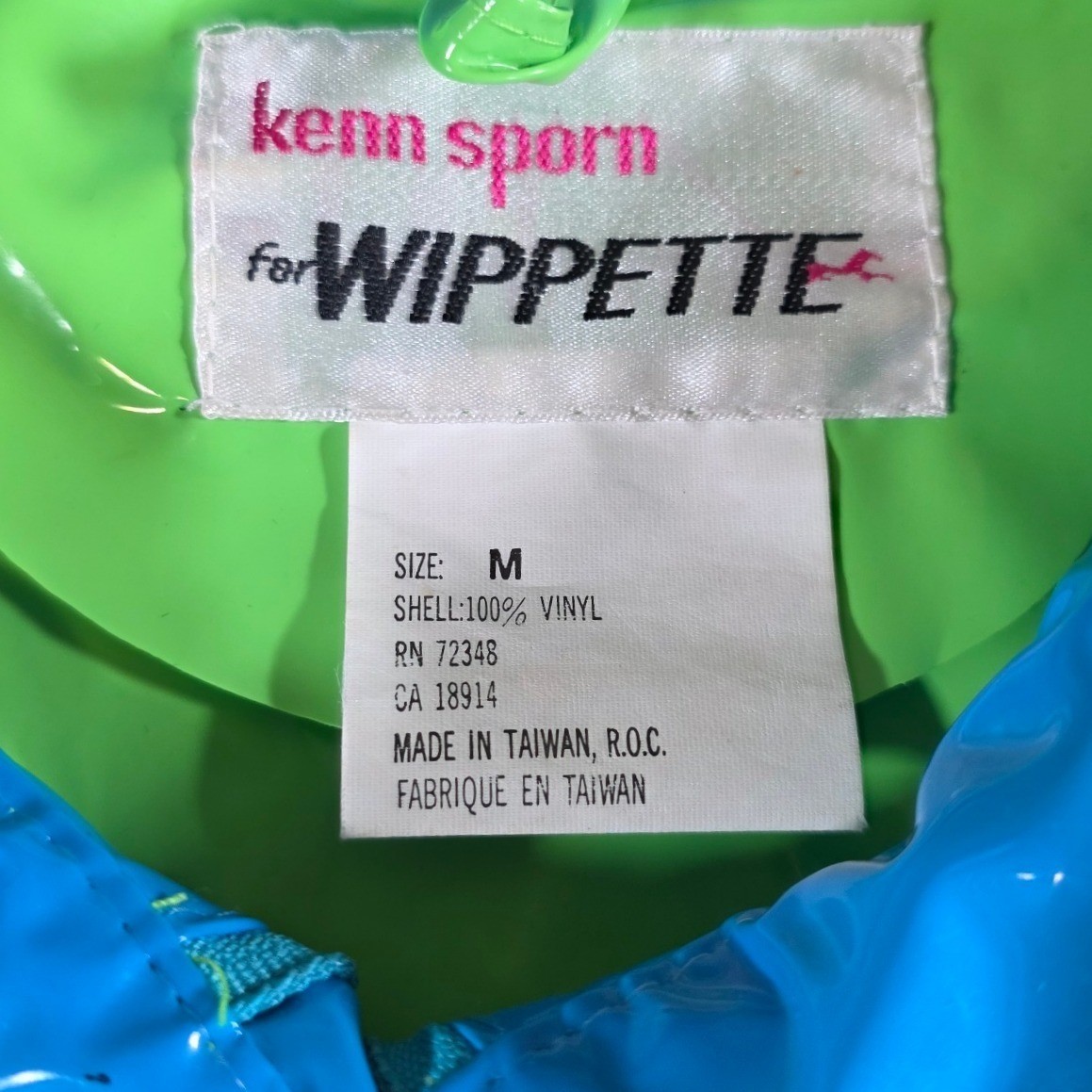 Vintage 80s Kenn Sporn for Wippette Vinyl Raincoat Jacket Neon Green Blue Medium