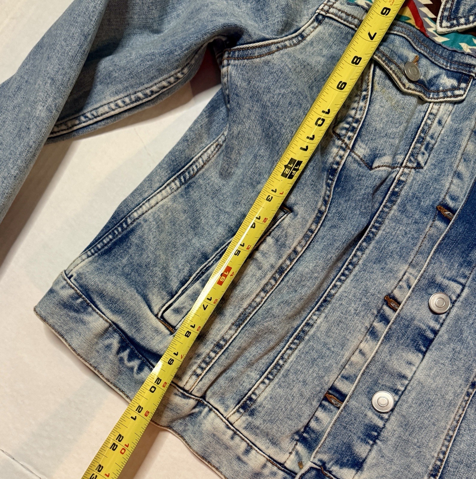 Y2K UpCycled South Western Jean Frosted Denim Jacket Aztec Custom sz 12 14 L