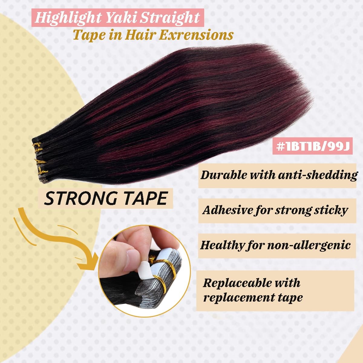 Human Hair Tape-in Extensions Black Remy Yaki Straight Seamless Balayage
