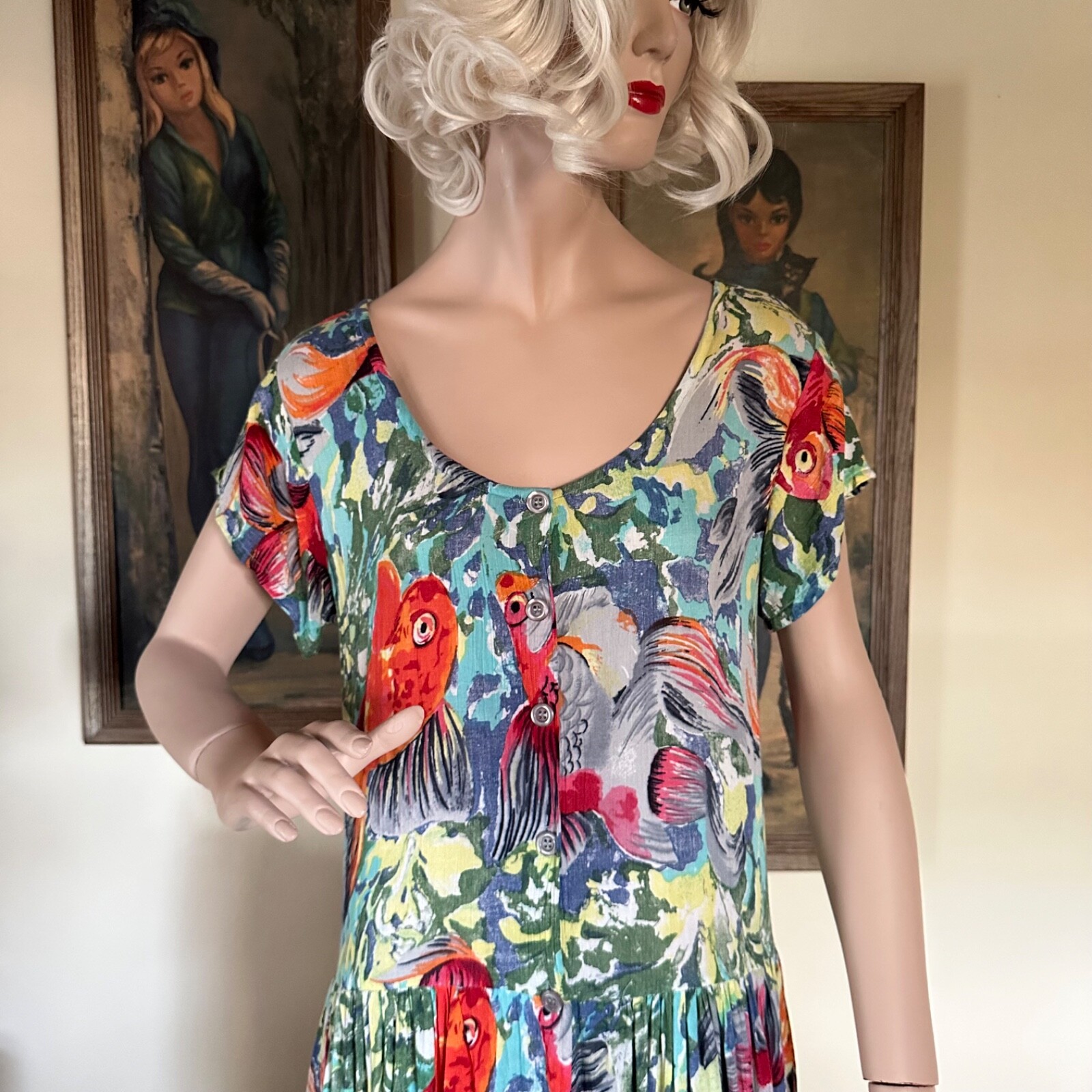 Vintage 90s Goldfish Novelty Print Crinkle Dress Midi Hippie Sundress M