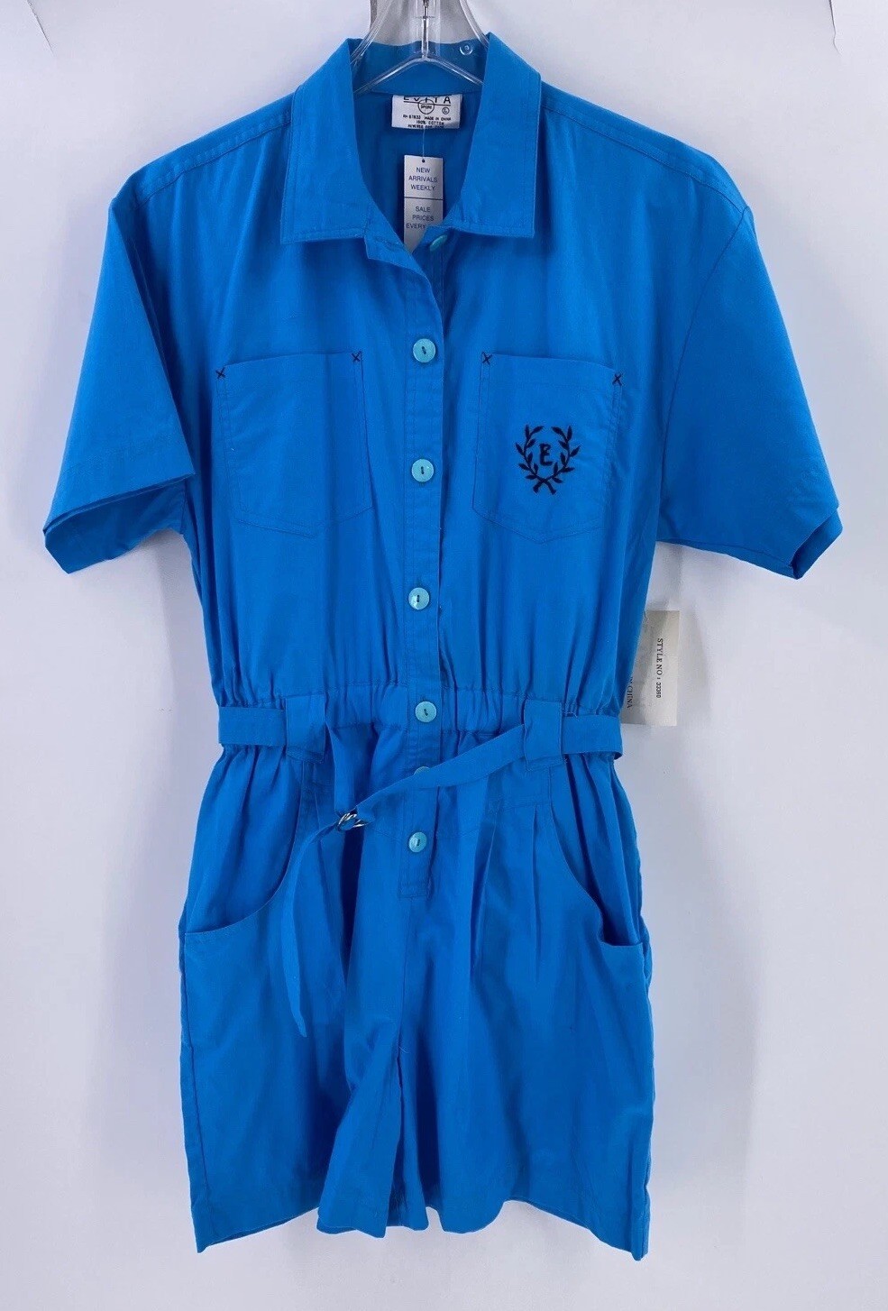 Vtg Women Evita Sport Romper Playsuit L Blue Cotton Button Front E Logo NOS